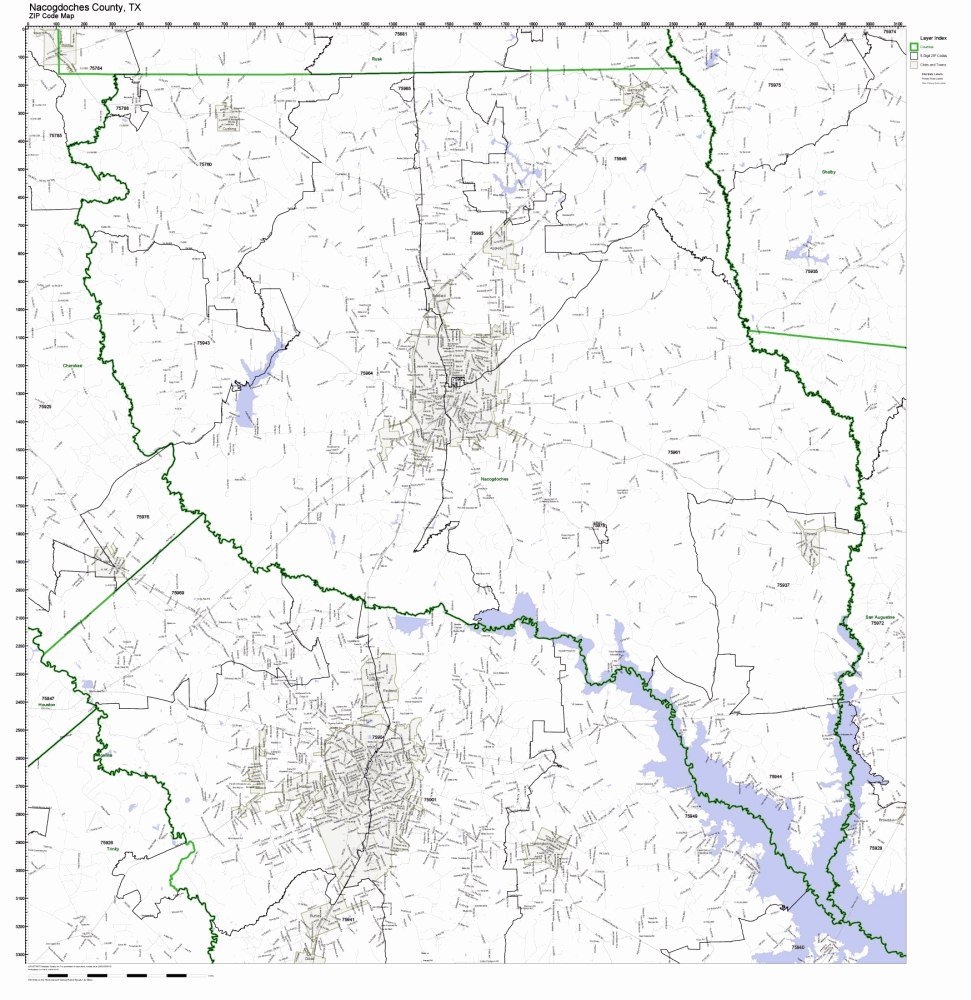 Nacogdoches County, Texas TX ZIP Code Map Not Laminated