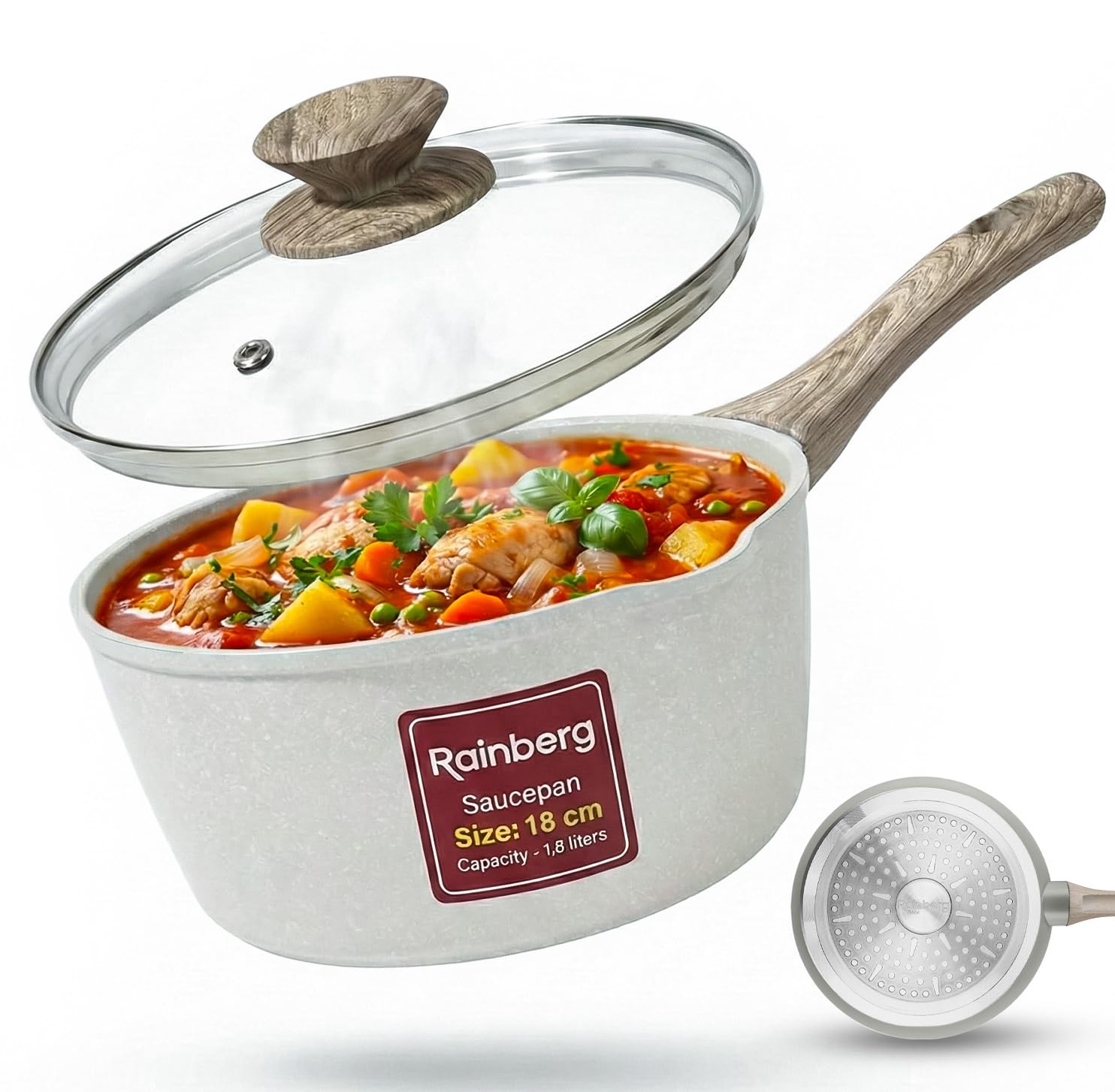 Rainberg Saucepan with Lid, Nonstick Milk Pan Suitable with Induction, Gas and Electric Hobs, Cooking Pot with Pour Spout. (Beige, 18cm)