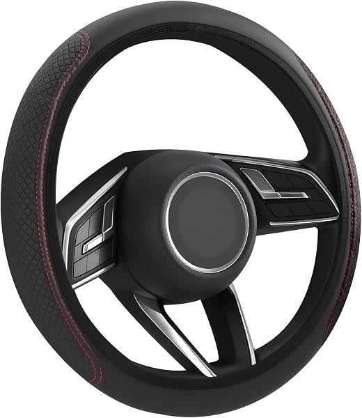 Flintronic Car Steering Wheel Cover PVC Leather, Breathable Anti-slip Protector Interior Accessories for Van/Truck/SUV/Auto, Universal Size 36-38cm(14.2-15in), Black & Red - 1