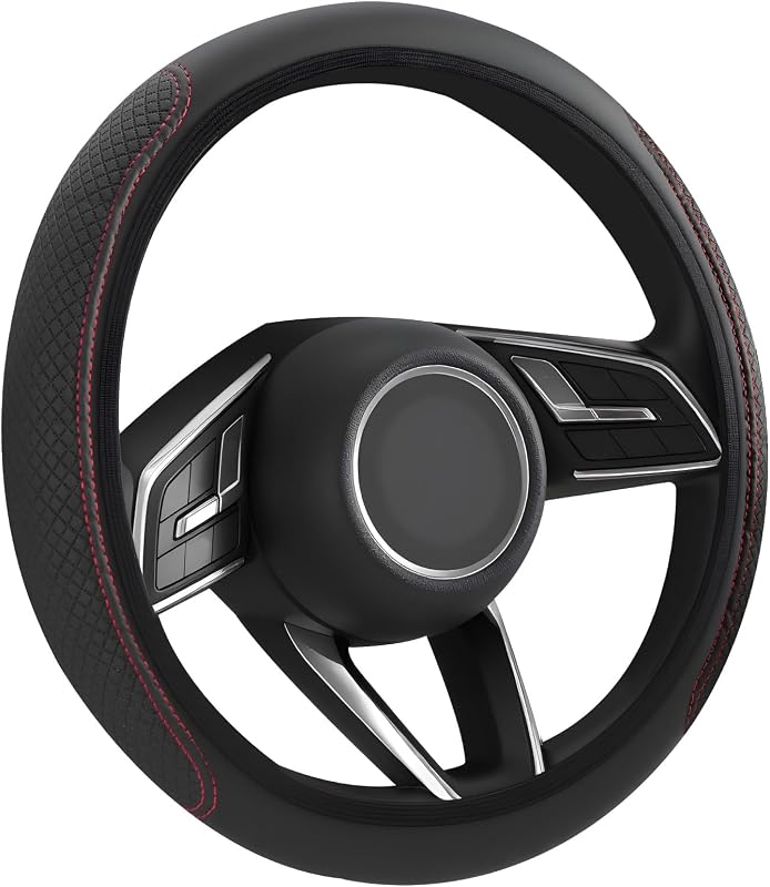 Flintronic Car Steering Wheel Cover PVC Leather, Breathable Anti-slip Protector Interior Accessories for Van/Truck/SUV/Auto, Universal Size 36-38cm(14.2-15in), Black & Red