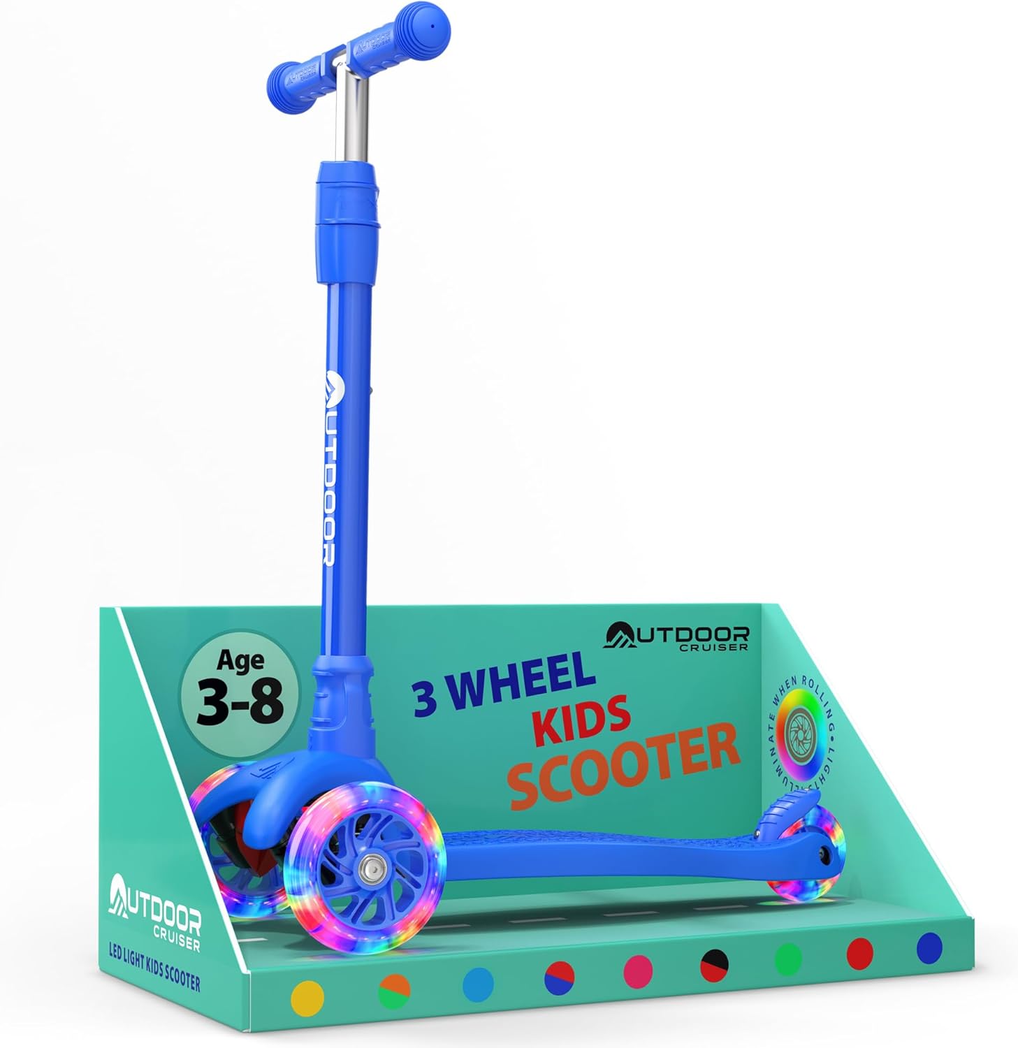 Outdoor Cruiser 3-Wheel Kids Scooter – with Lean-to-Steer Technology, Wide Deck, Led Lighted Wheel, 4-Level Adjustable Height T-bar Handle, Support Kids Up to 150 Lbs, for Boys & Girls Ages 3-8, Blue