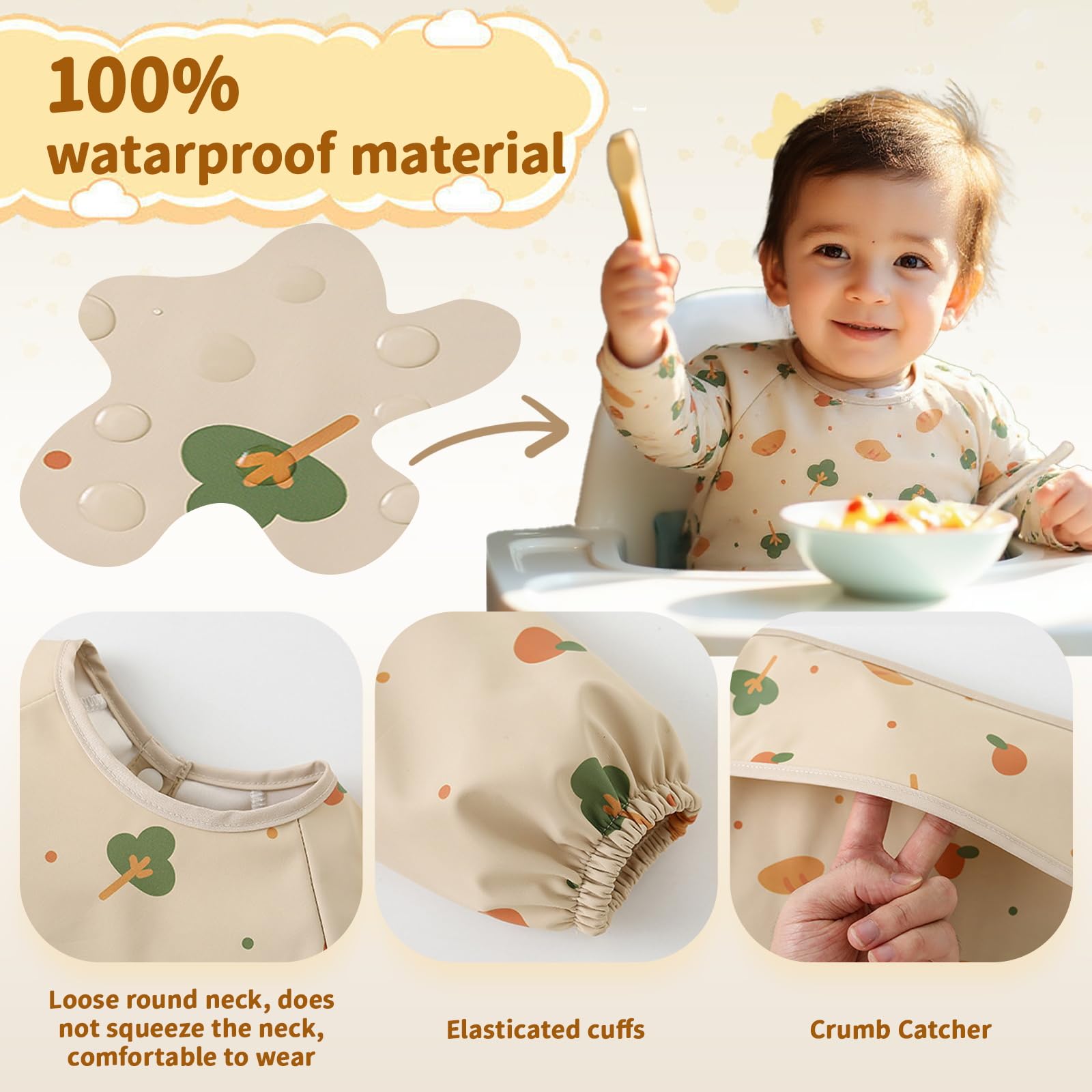 High Chair Splash Floor Mat with PU Waterproof Weaning Bib, 43.3″Waterproof Washable Anti Slip Splat Mat - Image 3