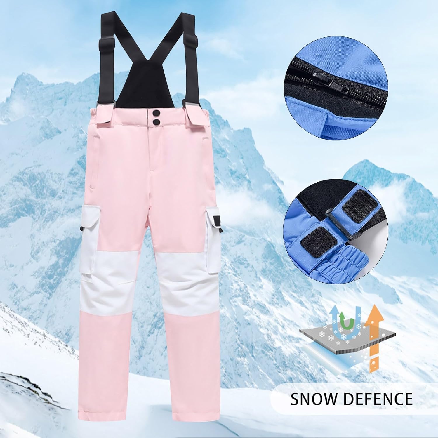 Boys Girls Fashion Strap Ski Pants Thick Warm Windproof Snow Bib Pants Thicken Ski Down Pants with Pockets