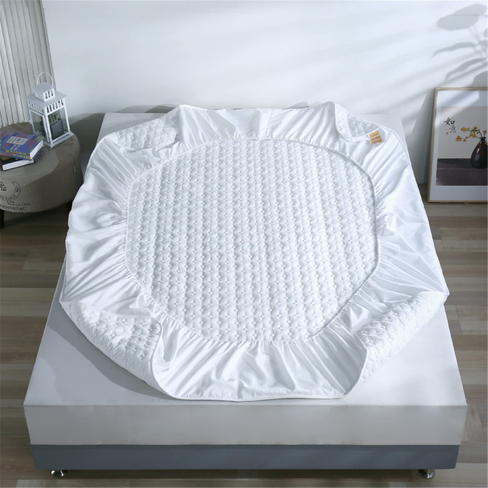Protector Colchón, Protector de colchón Acolchado con Triple Relleno, Funda Colchon de Rizo Transpirable y Hipoalergénico, Antiácaros (Blanco,Thin 200x220cm)