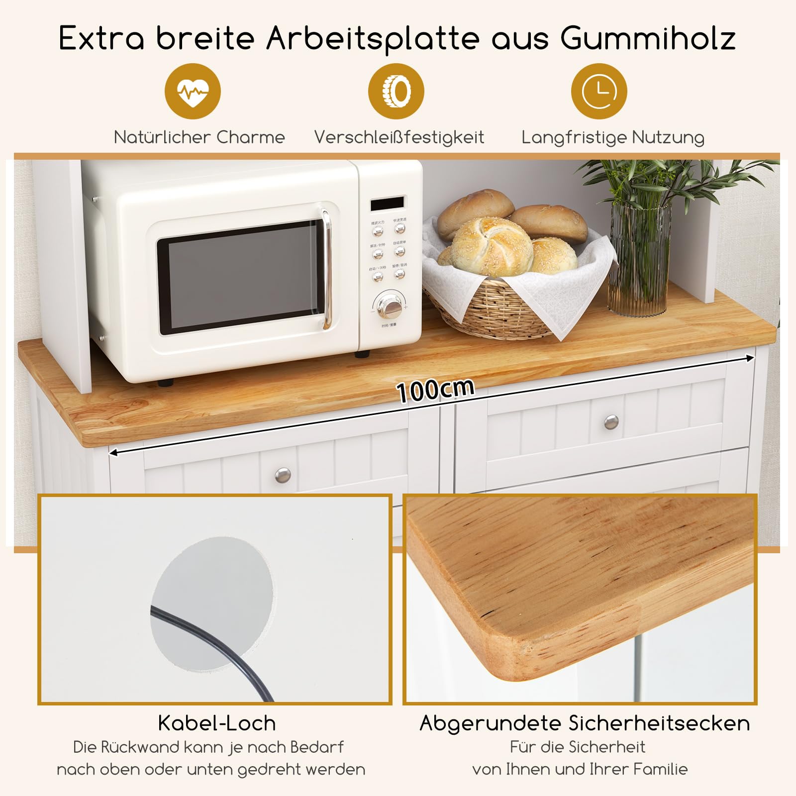 COSTWAY Szafka kuchenna, na kosz na śmieci 45 l, szafka bufetowa z blatem roboczym i 2 szufladami i regulowanymi półkami, wysoka szafka kuchenna do kuchenki mikrofalowej, komoda z drewna, 100 x 34 x