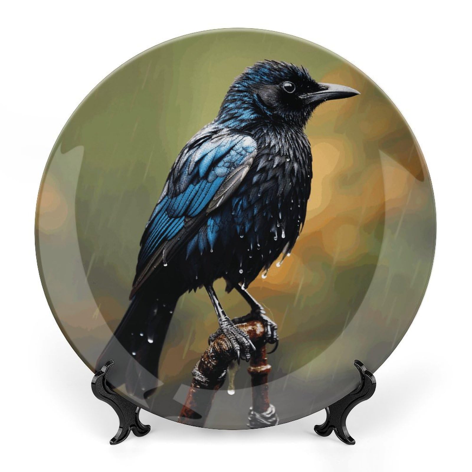 Plato decorativo de porcelana VFMKT de 10" con pájaro en días lluviosos para regalo de hogar