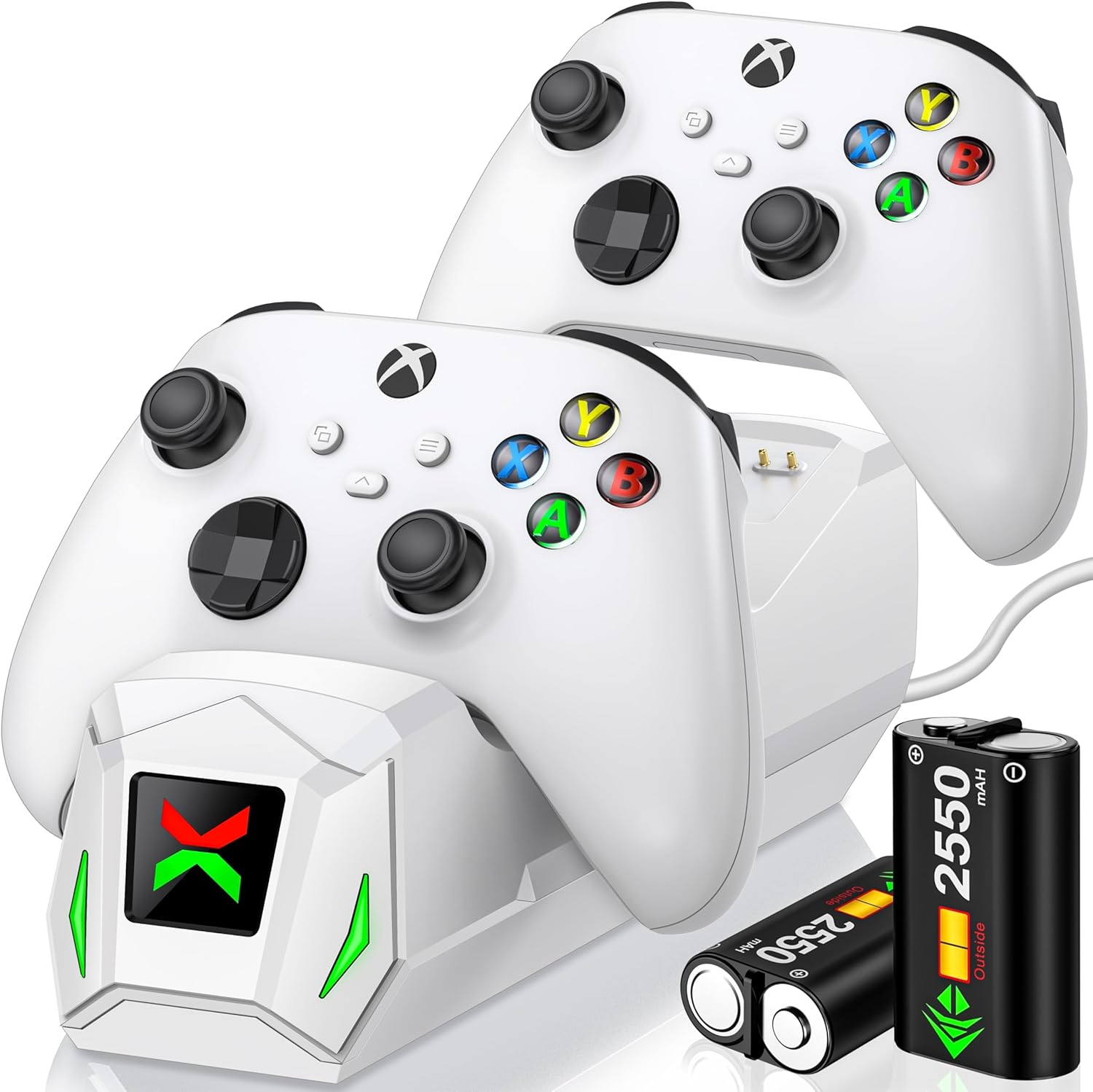 Controller Charger Station with 2x5520mWh Rechargeable Battery Packs for Xbox One/Series X|S,Dual Charging Dock for Xbox One Battery Pack(White)