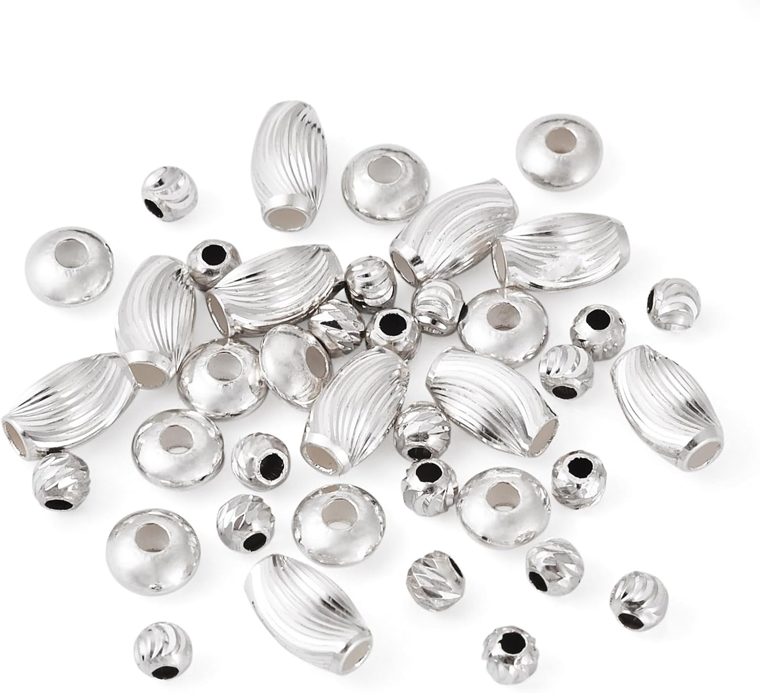 40 Pcs 925 Sterling Silver Corrugated Beads 3-5 mm Round Oval Saucer Spacer Beads Metal Loose Beads Bulk for DIY Necklace Bracelet Earring Crafting Women Key Chain Accessory