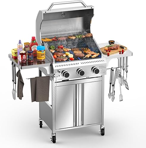Miniatura 1 de Parrilla de gas G31, parrilla de gas de 3 quemadores con mesas laterales plegables, parrilla de barbacoa de acero inoxidable de 24,000 BTU, parrilla