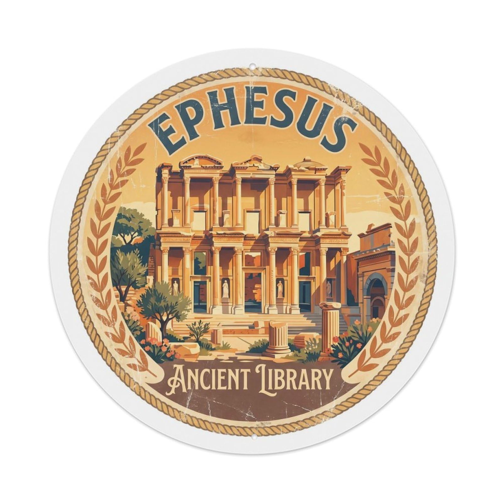 Vintage Travel Ephesus Turkey Library Metal Tin Sign Plaque Wall Decor for Cafe, Club, Garden Round Metal Poster 8x8Inch