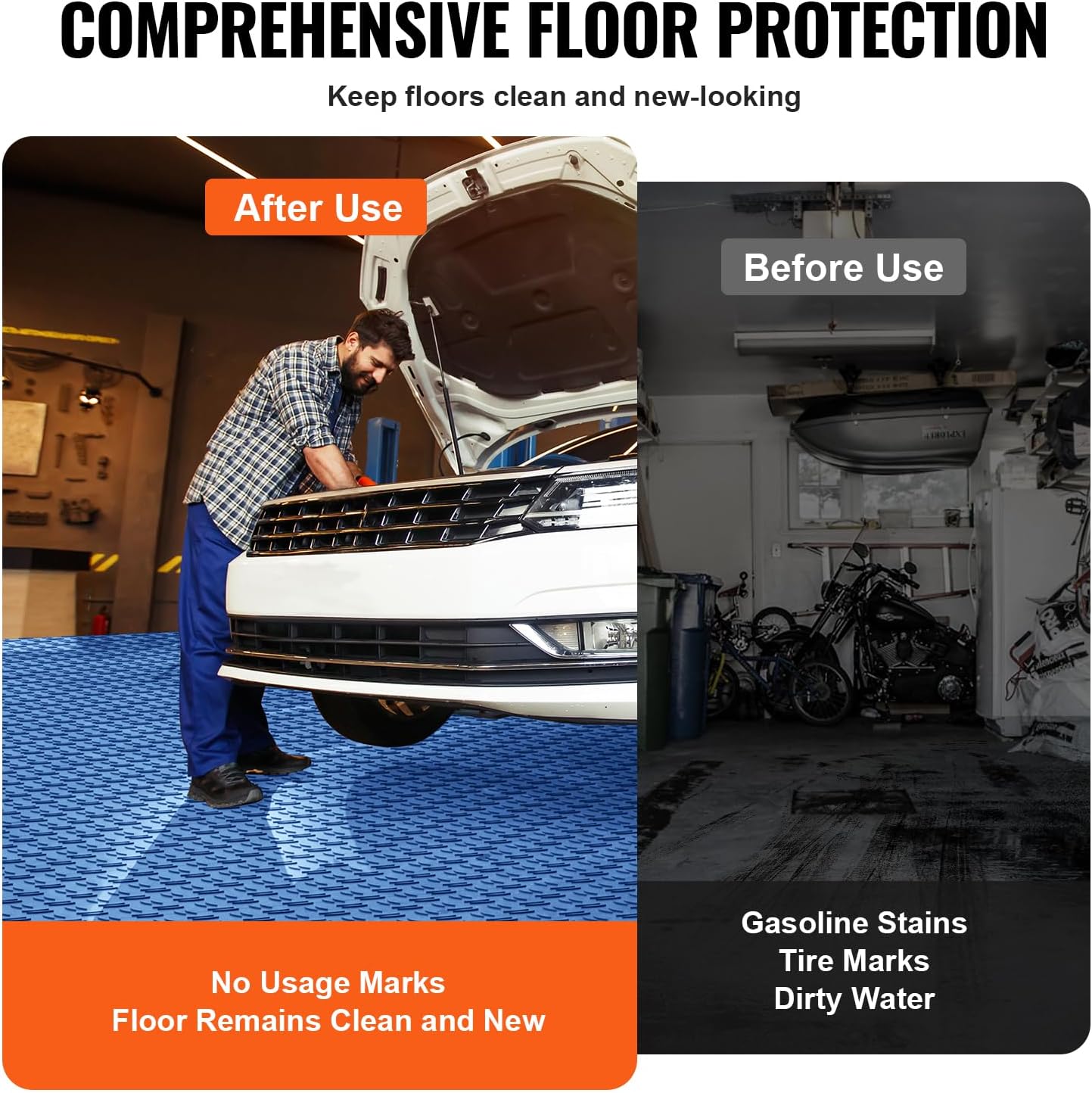 Before and after comparison of a garage floor with VEVOR tiles