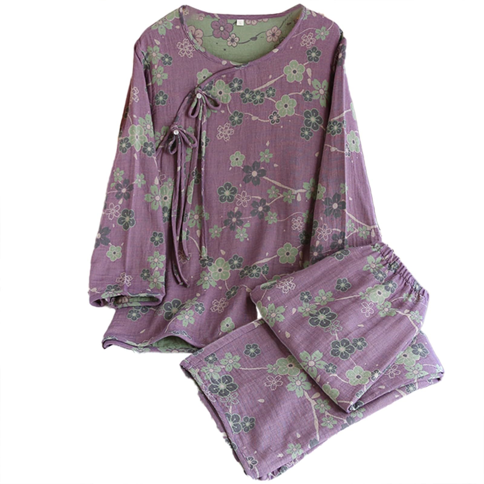 Pigiama cinese per le donne retrò pigiama da donna vintage floreale stampato indumenti da notte manica lunga loungewear pulsante cotone pigiami collare diagonale pigiama leggero casual indossabile