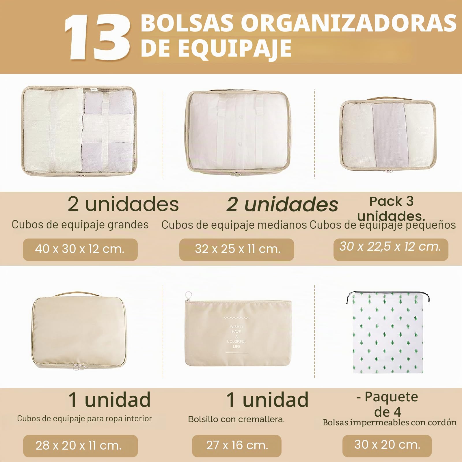 Organizador Maleta Viaje, 13 piezas Impermeable Bolsas Organizadoras Maleta, Multifunción Packing Cubes Bolsas Ropa Viaje, Organizador de Viaje con Bolsa Zapatos(Beige)