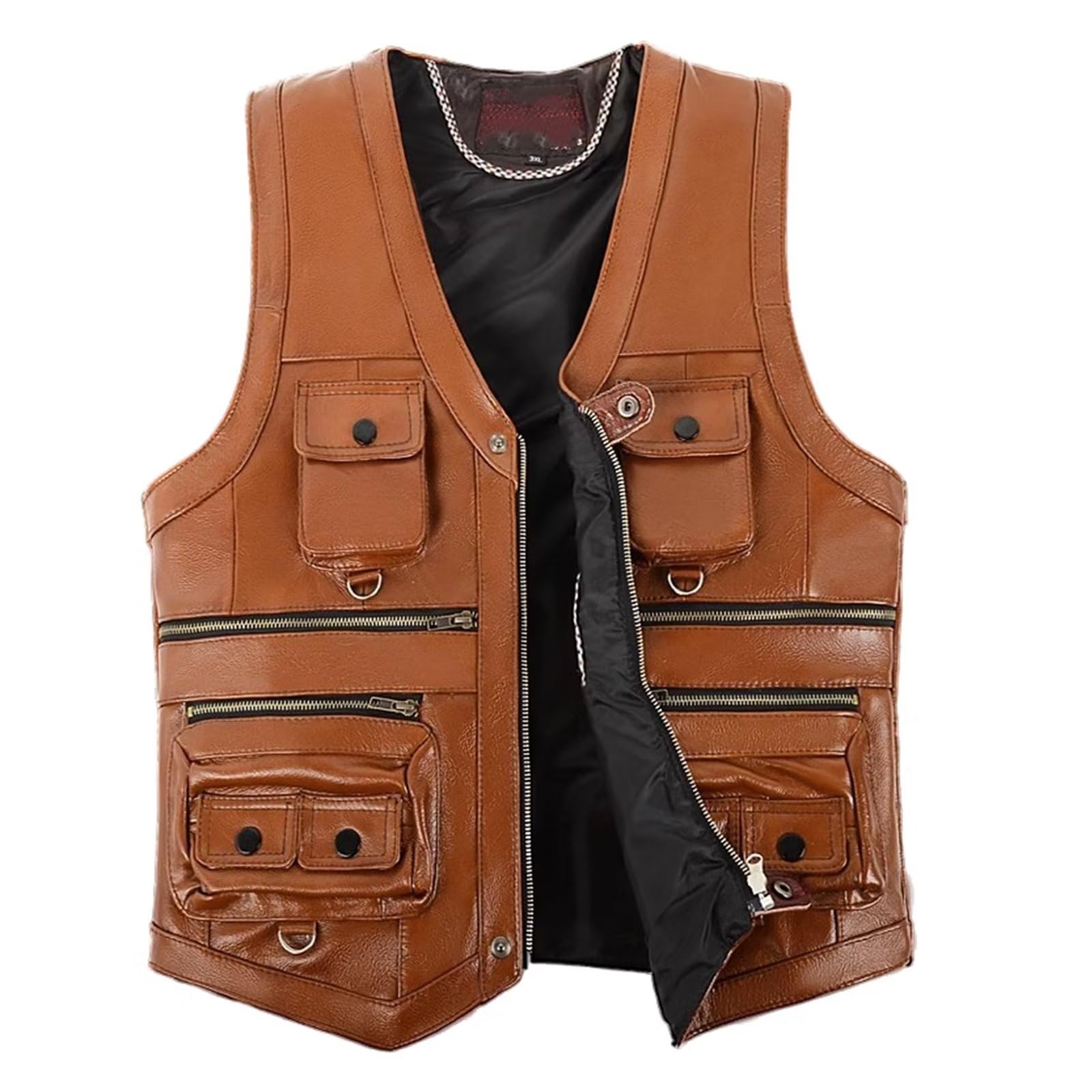 ZMNKH Men's Leather Biker Vest,Sleeveless Jacket Motorcycle Gilet V Neck Biker Waistcoat with Multi Pockets