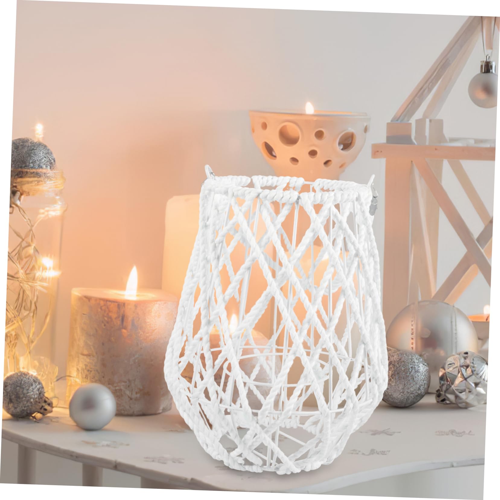 SHINEOFI Farol de Vela Tejido Blanco de Hierro y Hilo de Algodón, Candelabro Decorativo Geométrico para Decoración del Hogar y Jardín, Estilo Artístico