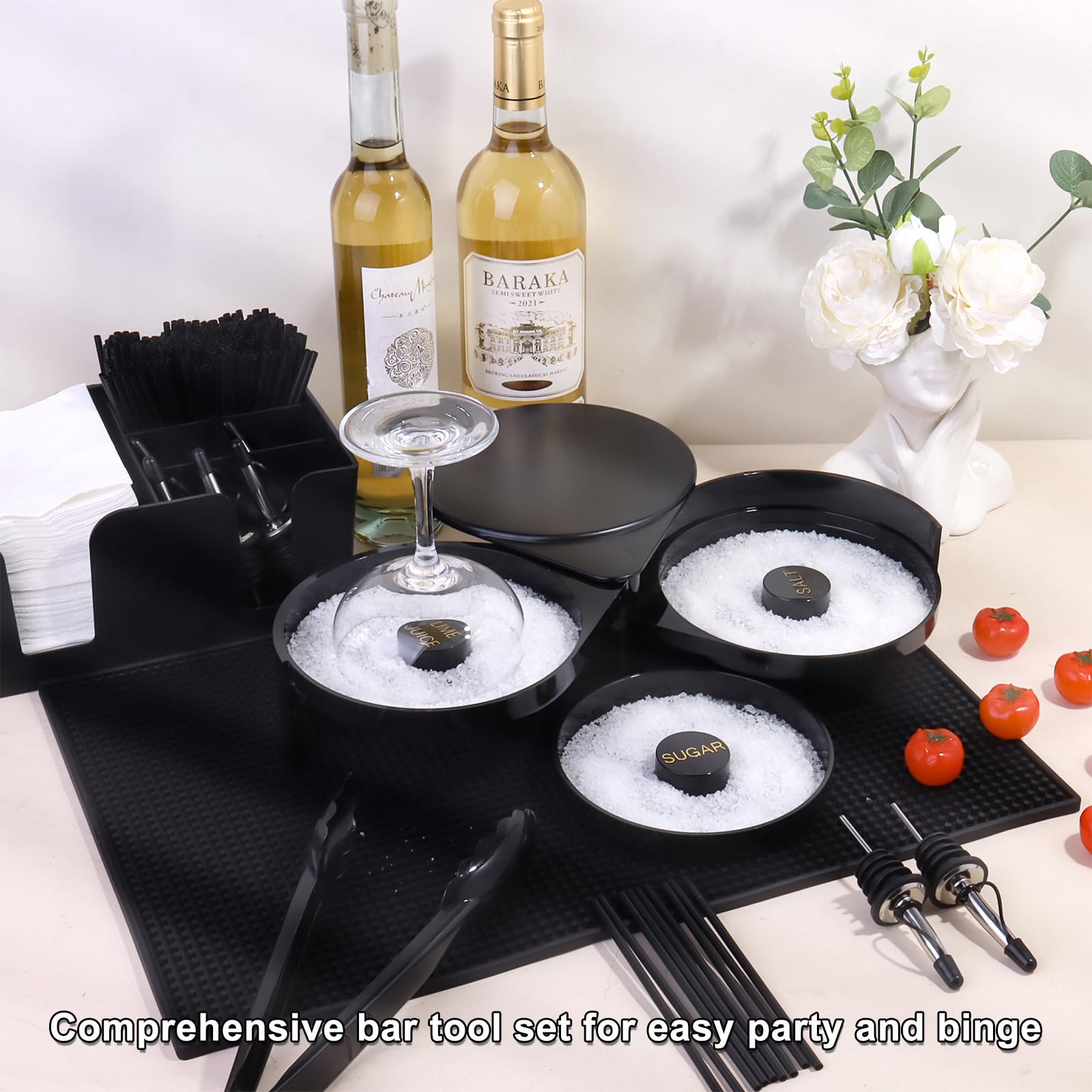 Accesorios de herramientas de camarero de 3 niveles con 12 piezas de acero inoxidable para licor de vertido con 6 compartimentos y 200 servilletas, 500 pajitas de cóctel negras
