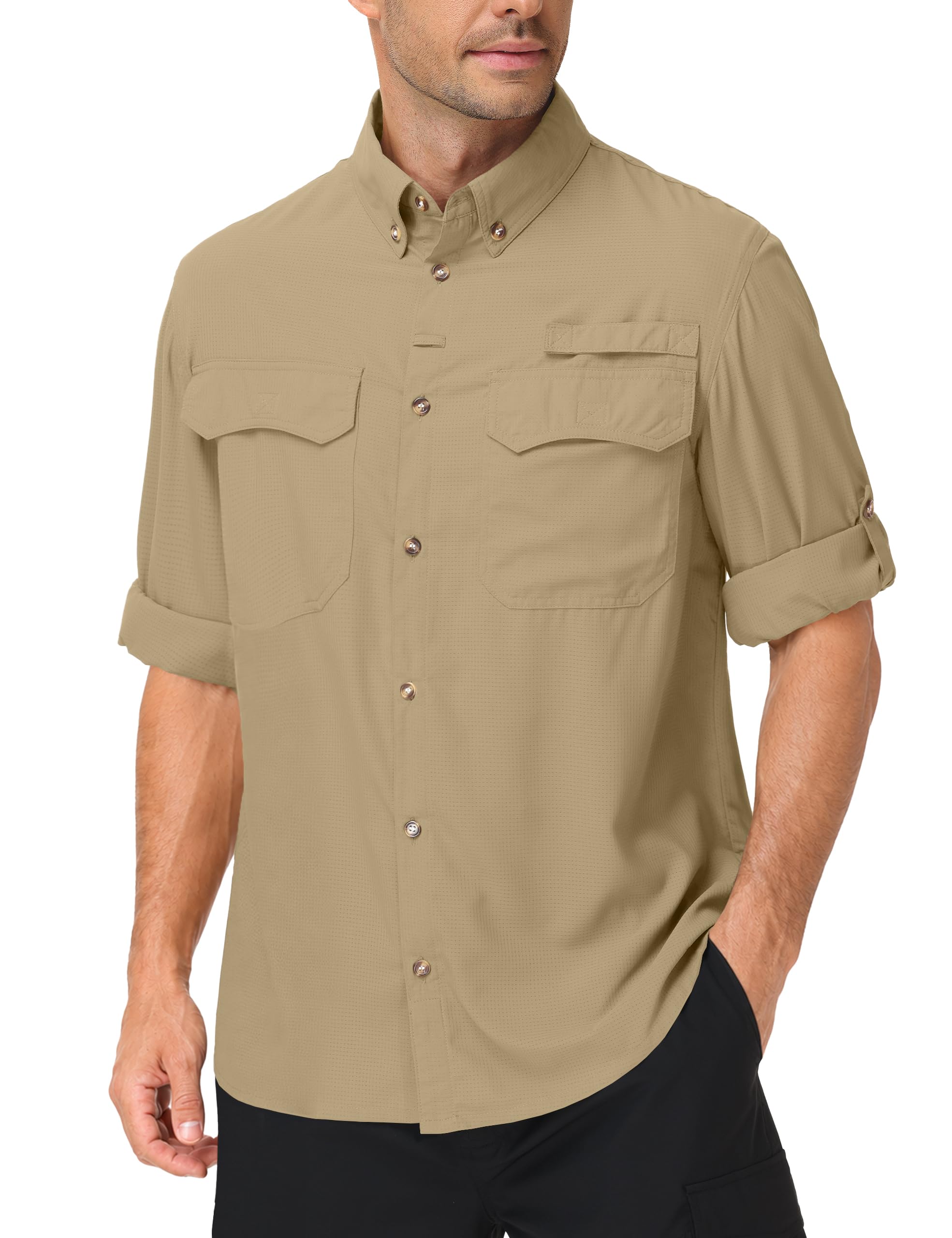 Herren Angelhemd Langarm, UPF 50+ UV-Schutz Funktionshemd Atmungsaktiv Schnelltrocknend, Outdoor Safari Button Down Freizeithemd für Wandern Trekking