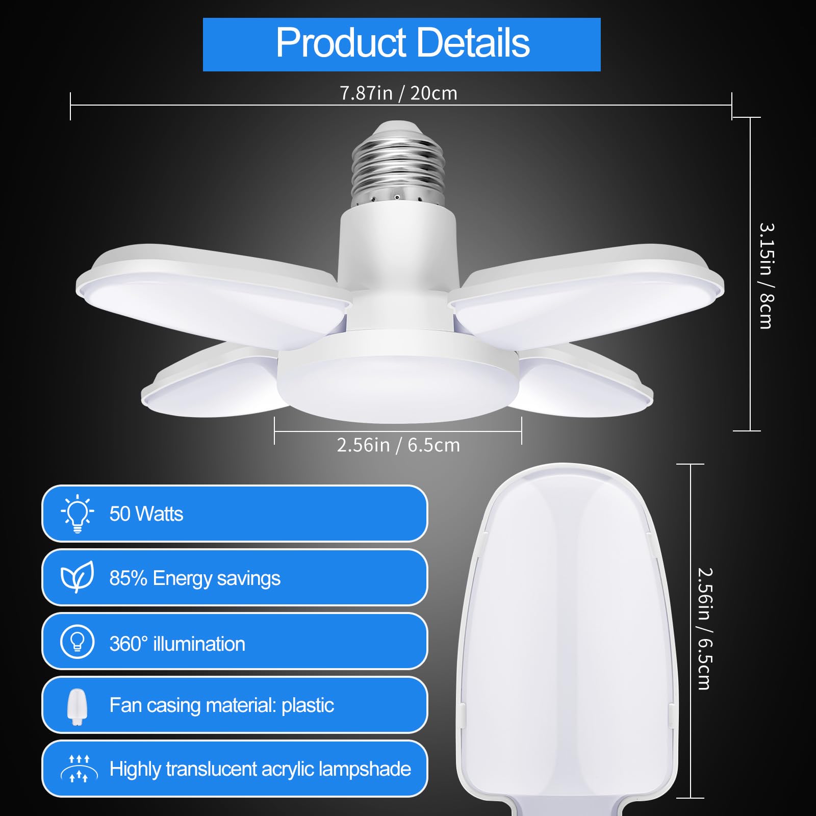 4Pack LED Garage Light Bulb Mini 50W LED Garage Ceiling Lights 4 1 Adjustable Panels 5000Lumen Garage LED — view 6