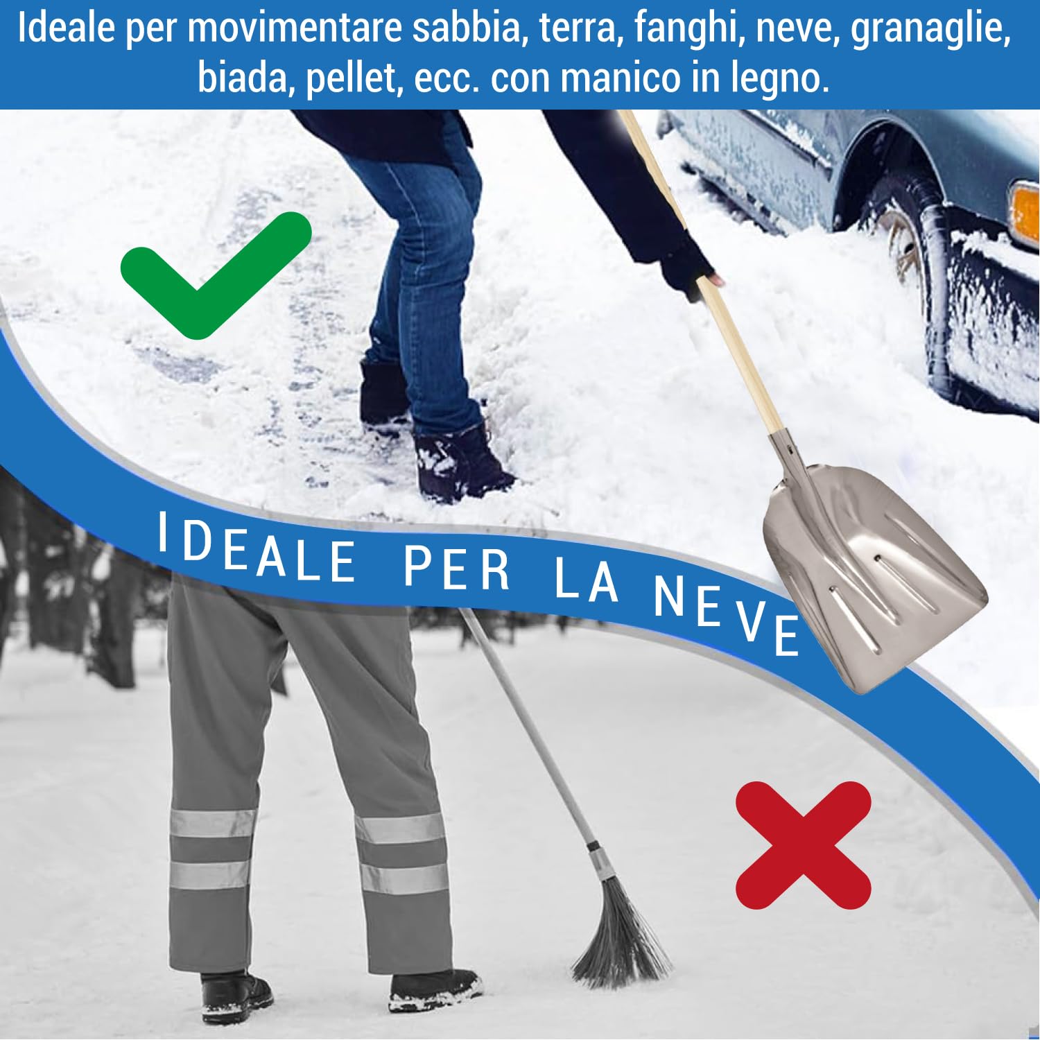 Crisalide® - Badile Super Resistente 36x49 cm con Manico in Legno - Versatile per Uso Agricolo, Giardinaggio e Lavori Pesanti, Multiuso, Pala da Neve (Alluminio)