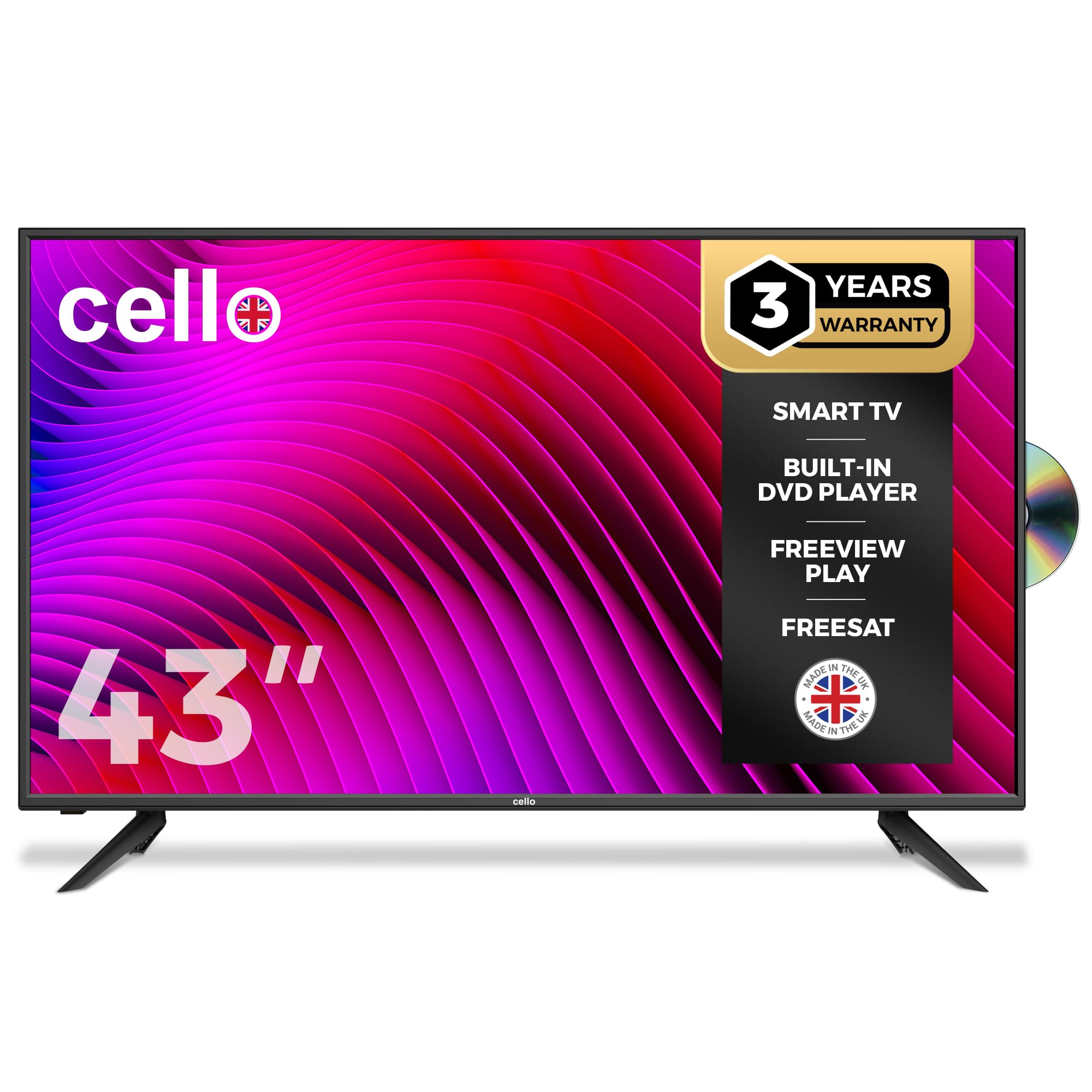 Cello C4324WSF 43-Inch Smart LED TV With DVD, Freesat HD, WebOS, Freeview, Netflix, Apple TV, Bluetooth - UK Made