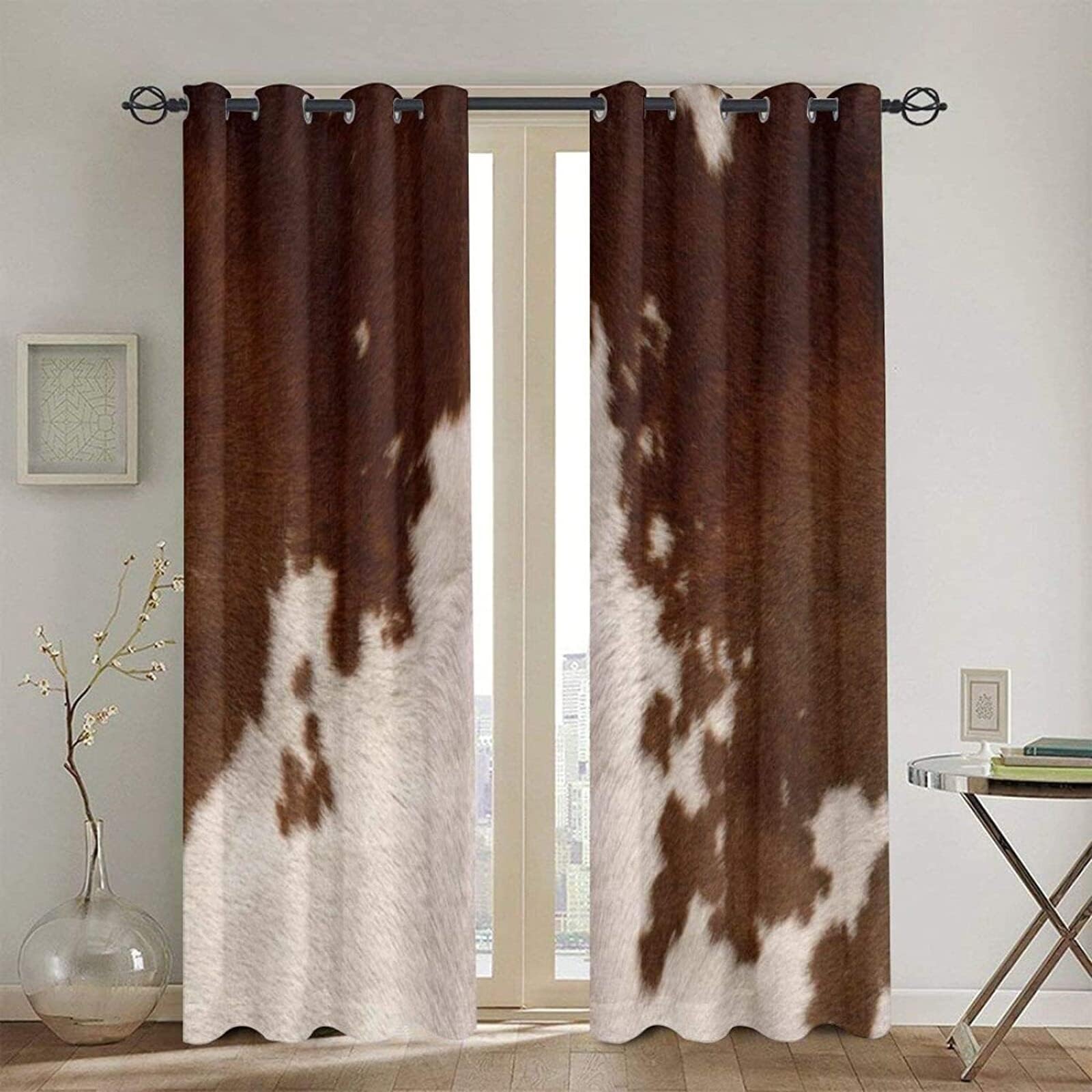 TEMLAN Red-brown Cowhide Blackout Curtains Cow Art Eyelet Curtains for Living Room Bedroom, Grommet Top Thermal Insulated Window Treatments (117 x 137cm)