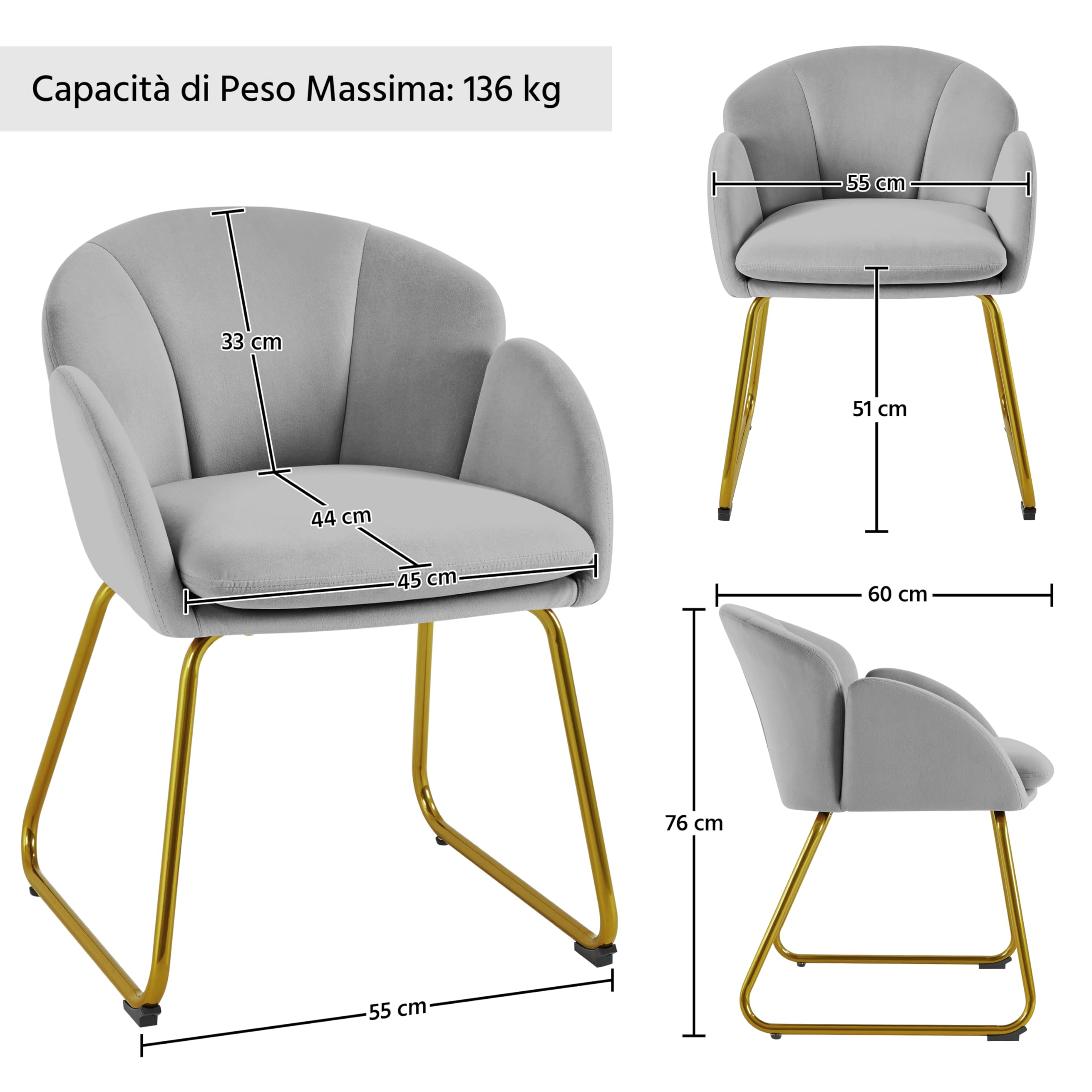 Yaheetech Poltroncina Camera da Letto Salotto Poltrona Soggiorno Imbottita Alta Moderna Ergonomica in Velluto con Schienale Circolare Braccioli Gambe in Metallo Portata 136 kg Grigio