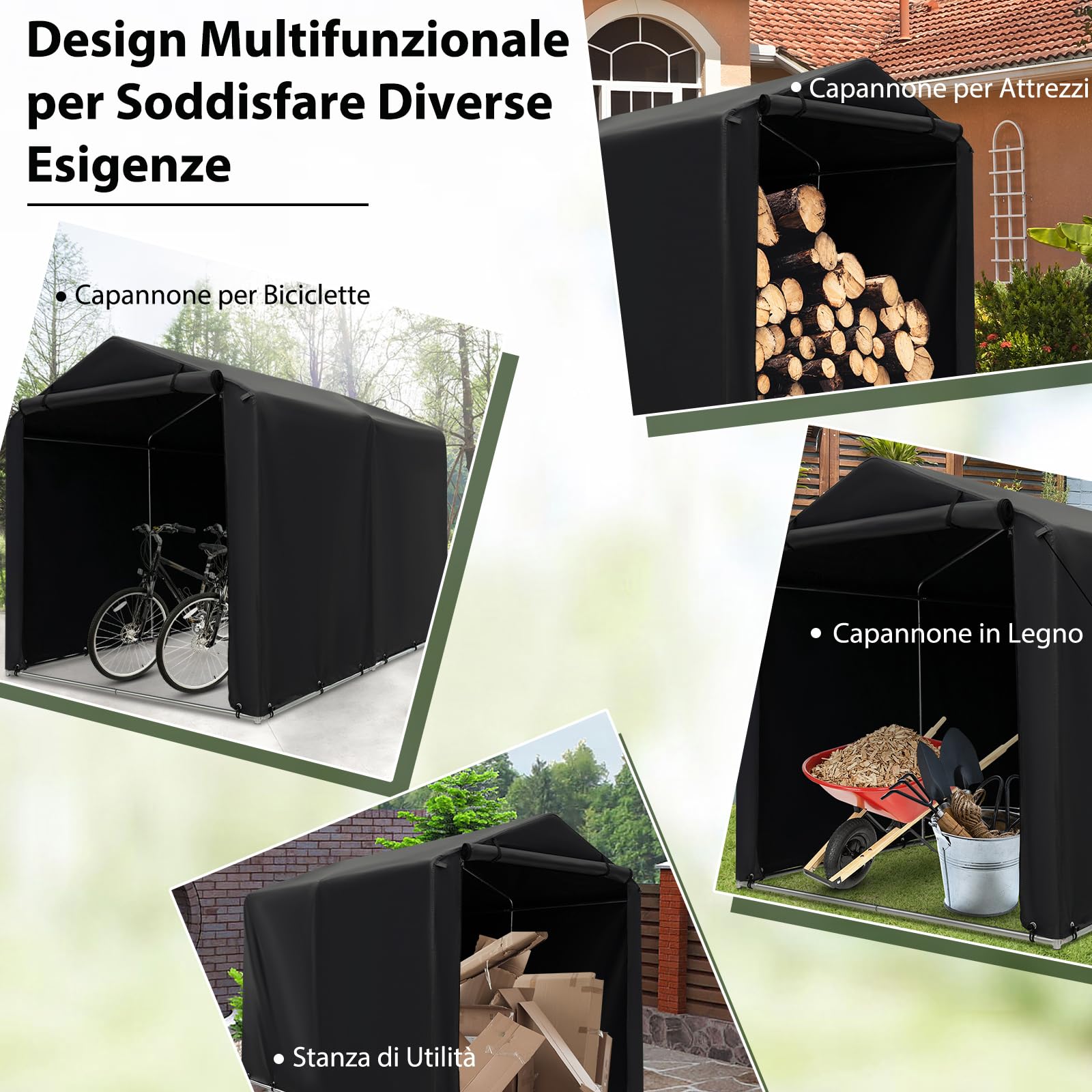 COSTWAY Capanno di Stoccaggio per Esterni, Garage Portatile per Biciclette, Motociclette, Attrezzi da Giardino, Carport per Bici con Porta a Rullo e Cerniera, 160 x 218 x 164 cm (Grigio Scuro)