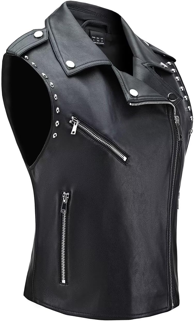 Women Faux Leather Vest Rivet Moto Biker Vest Pu Leather Motorcycle Waistcoat - Image 2