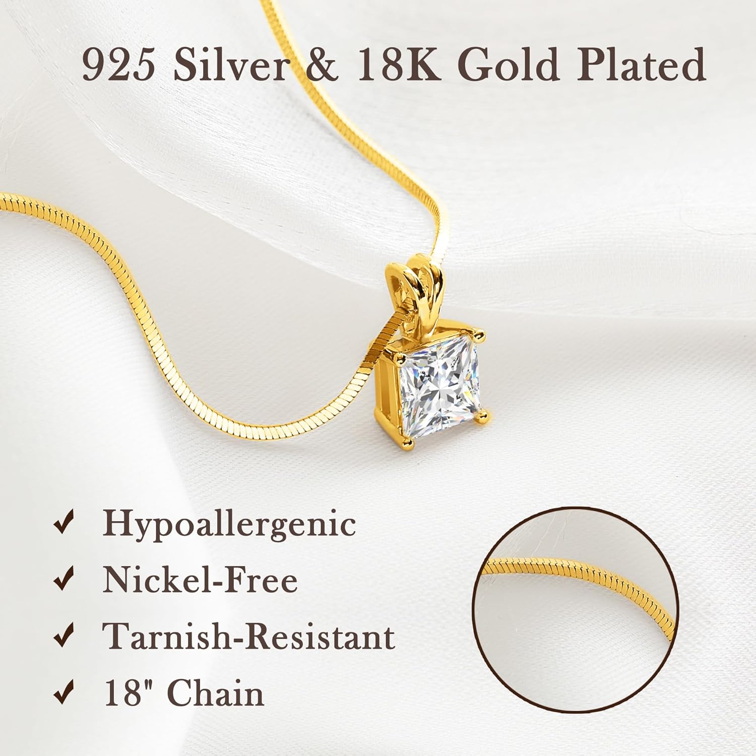 Impalsory Moissanite Pendant Necklace for Women, Princess Cut Solitaire Necklace, Sterling Silver with 18K Gold Plated Snake Chain - Image 4