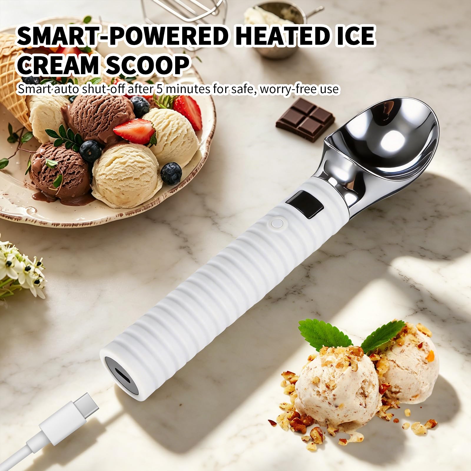 Paletta per Gelato Riscaldata,Cucchiaio per Gelato Riscaldabile Elettrico con 2 Livelli di Calore 55/70°C Display LED Porzionatore per Gelato Riscaldato per Gelato Duro Artigianale,Impermeabile IP68
