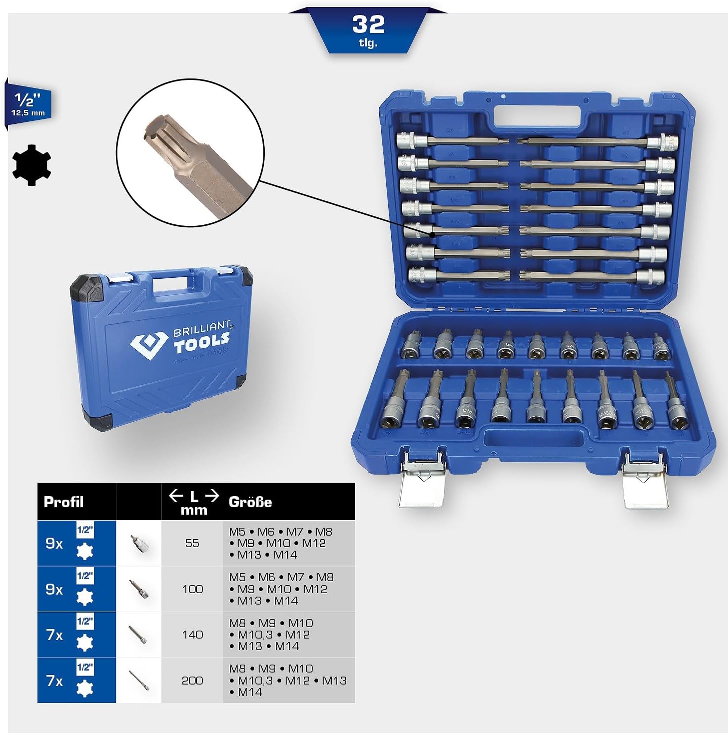 Brilliant Tools (BR75W) 1/2 "RIBE Driver Socket Set 32 ​​Pieces