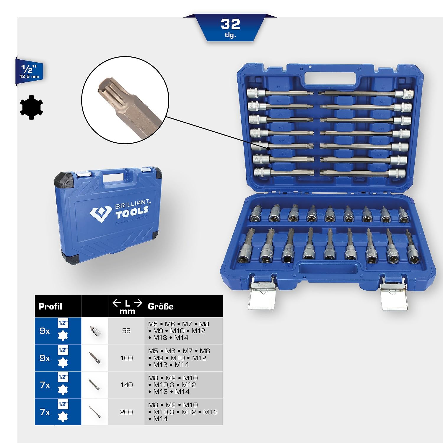 Coffret de Clés à Douilles 1/2" - 32 Pièces BT022032 Profil RIBE - Tailles Clés à Douilles allant de M5 à M14 - Outils en Acier Chrome Vanadium de Haute Qualité - Fabriqué selon DIN - BRILLIANT TOOLS
