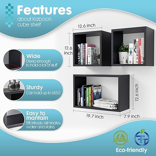 Miniatura 2 de Kaboon Juego de 3 estantes de montaje en pared, estantes negros para descubrimiento espacial para uso doméstico y comercial, juego de estantes de