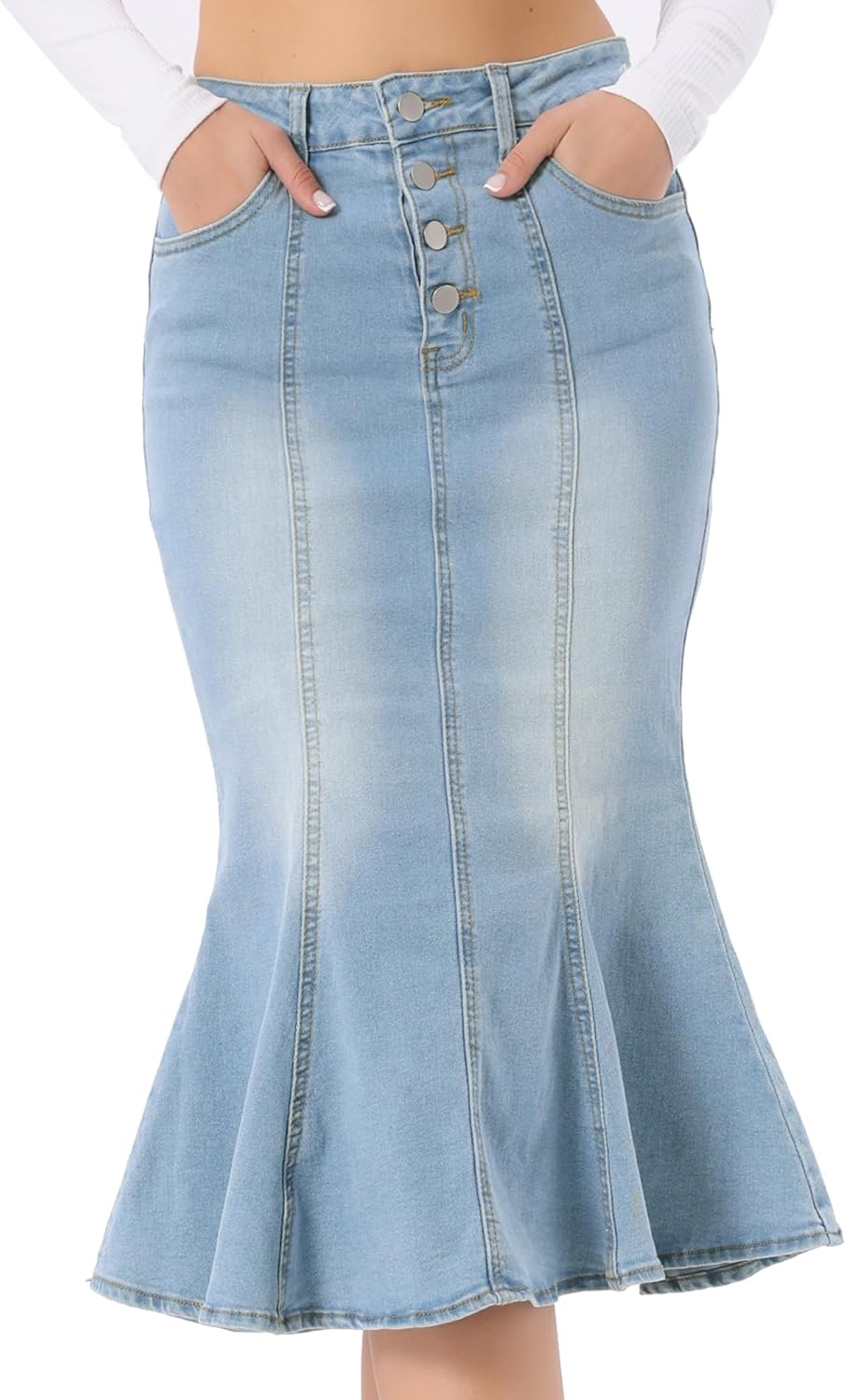 Allegra K Denim Skirt for Women's Washed High Waisted Fishtail Midi Jean Skirts