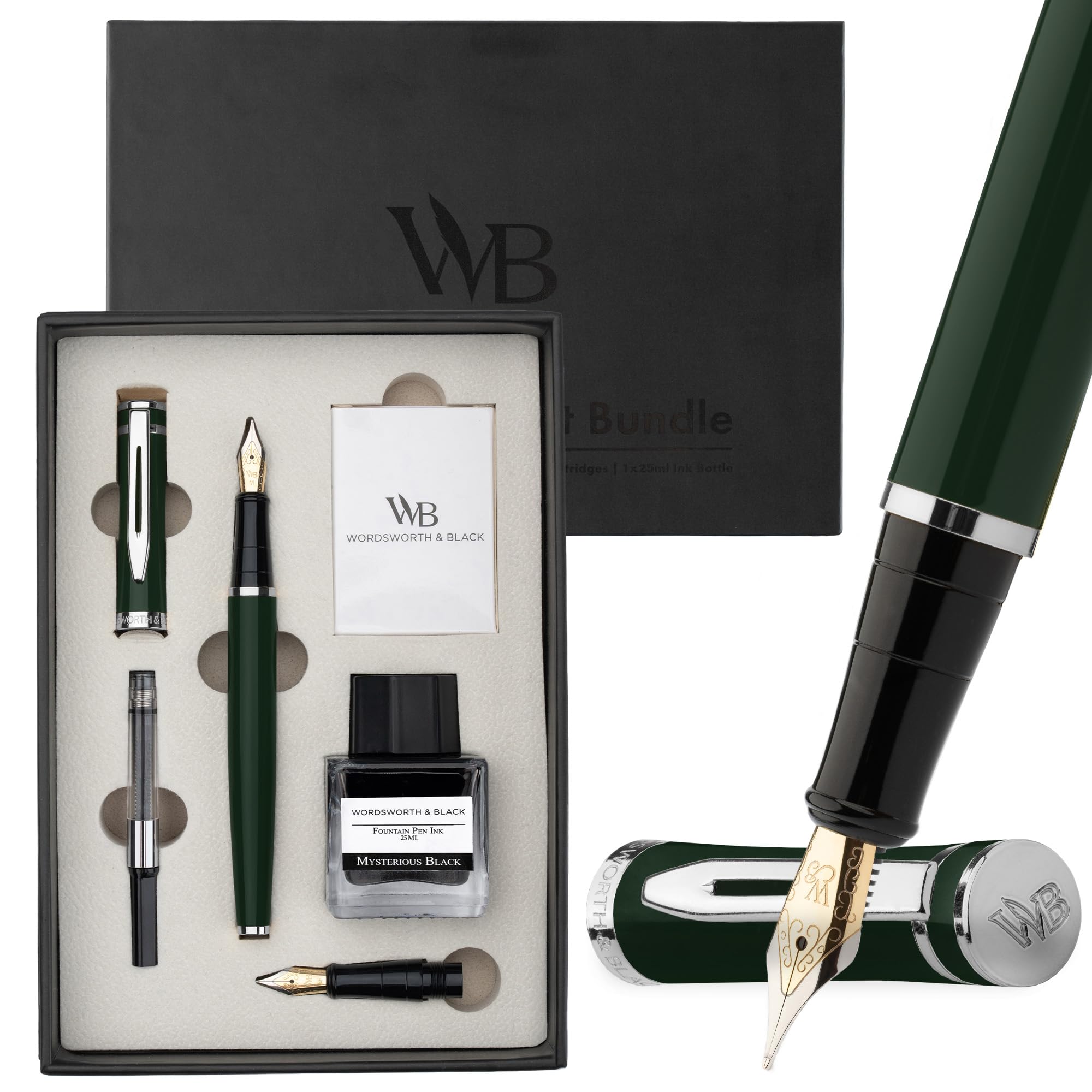Wordsworth & Black Fountain Pen Set,18K Gilded Medium and Extra Fine Nib,25ML Black Ink Bottle,6 Ink Cartridges,Refill Converter,Gift Box,Smooth Writing Pens [Green Chrome],Gift Set for Men and Women