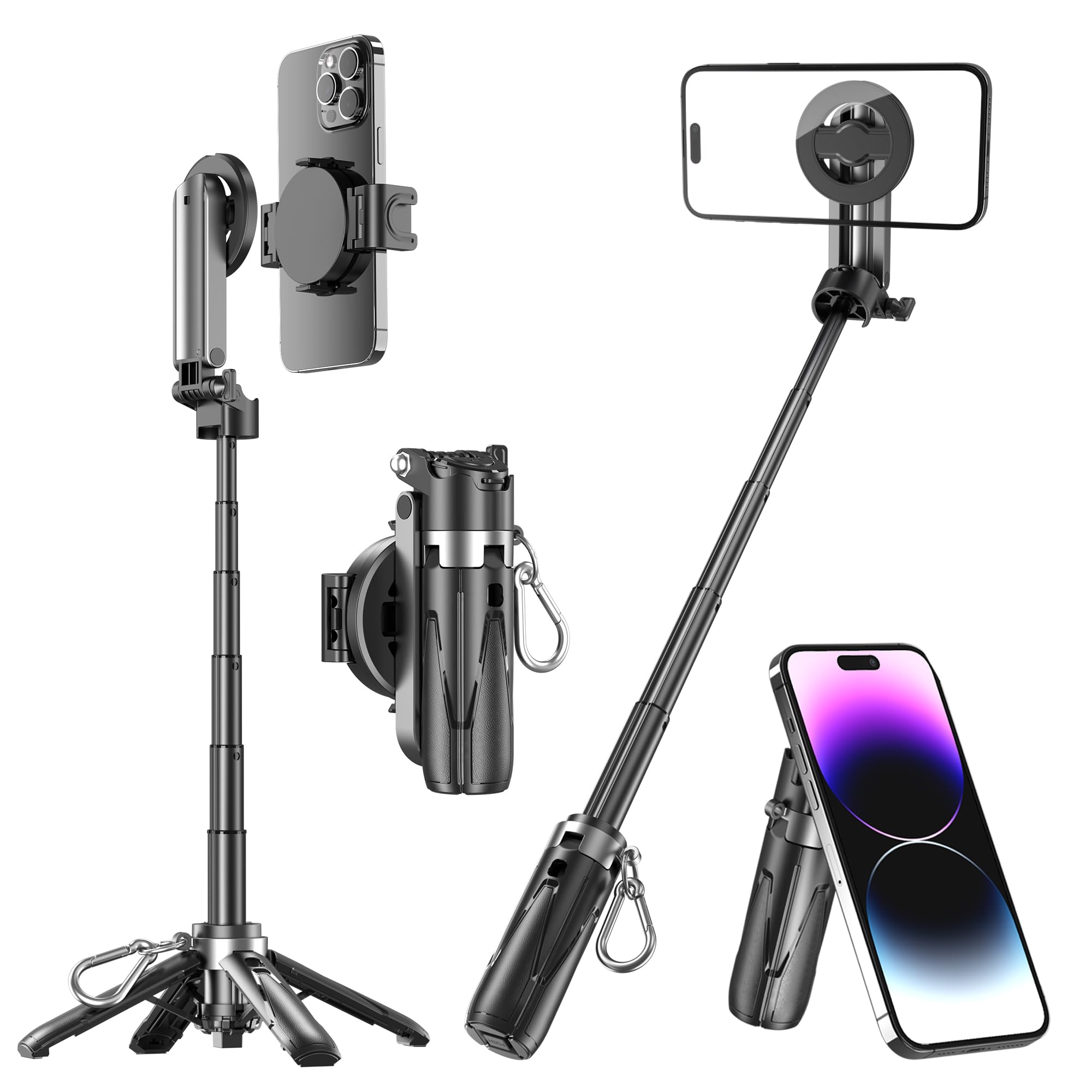 Magnetic Tripod for Phone with Remote Control, Extendable Selfie Stick Handle Grip Pocket Size, 4-in-1 Mini Phone Grip, 10m Wireless Shutter for iPhone Android Phones ?Black?