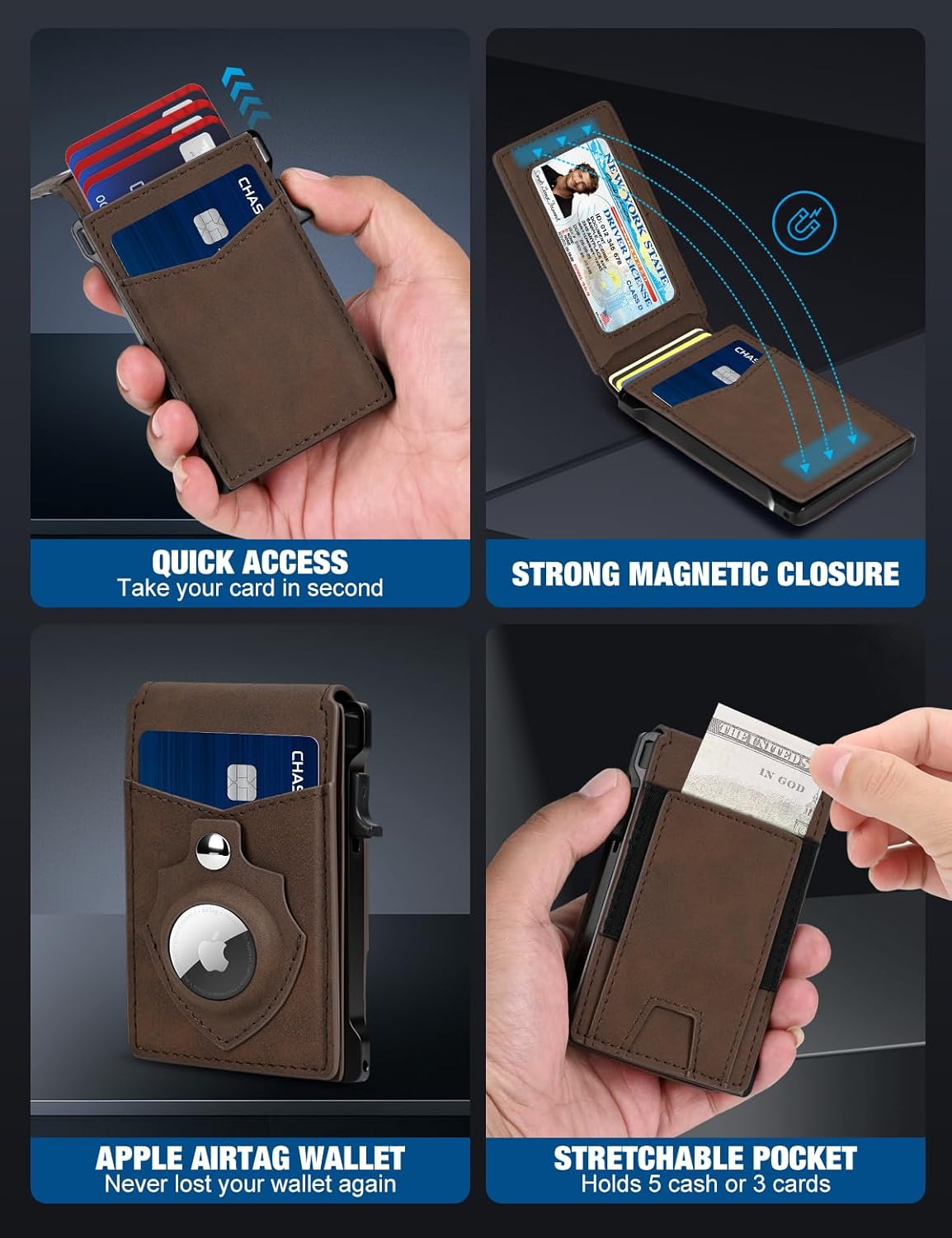 Airtag Wallet for Men, Mens Smart Wallet for Air Tag RFID Blocking, Minimalist Bifold Pop Up Aluminum Credit Card Case Holder 9-13 Cards with ID Window & Stretchable Cash Slot, No Airtag Included - Image 4