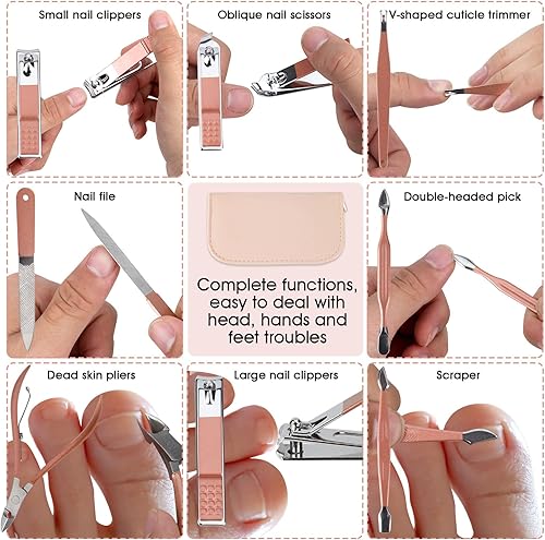 Miniatura 5 de Juego de cortaúñas y herramienta de belleza portátil 12 en 1, con bolsa de cuero rosa, adecuado para el hogar, lugar de trabajo, viajes al aire