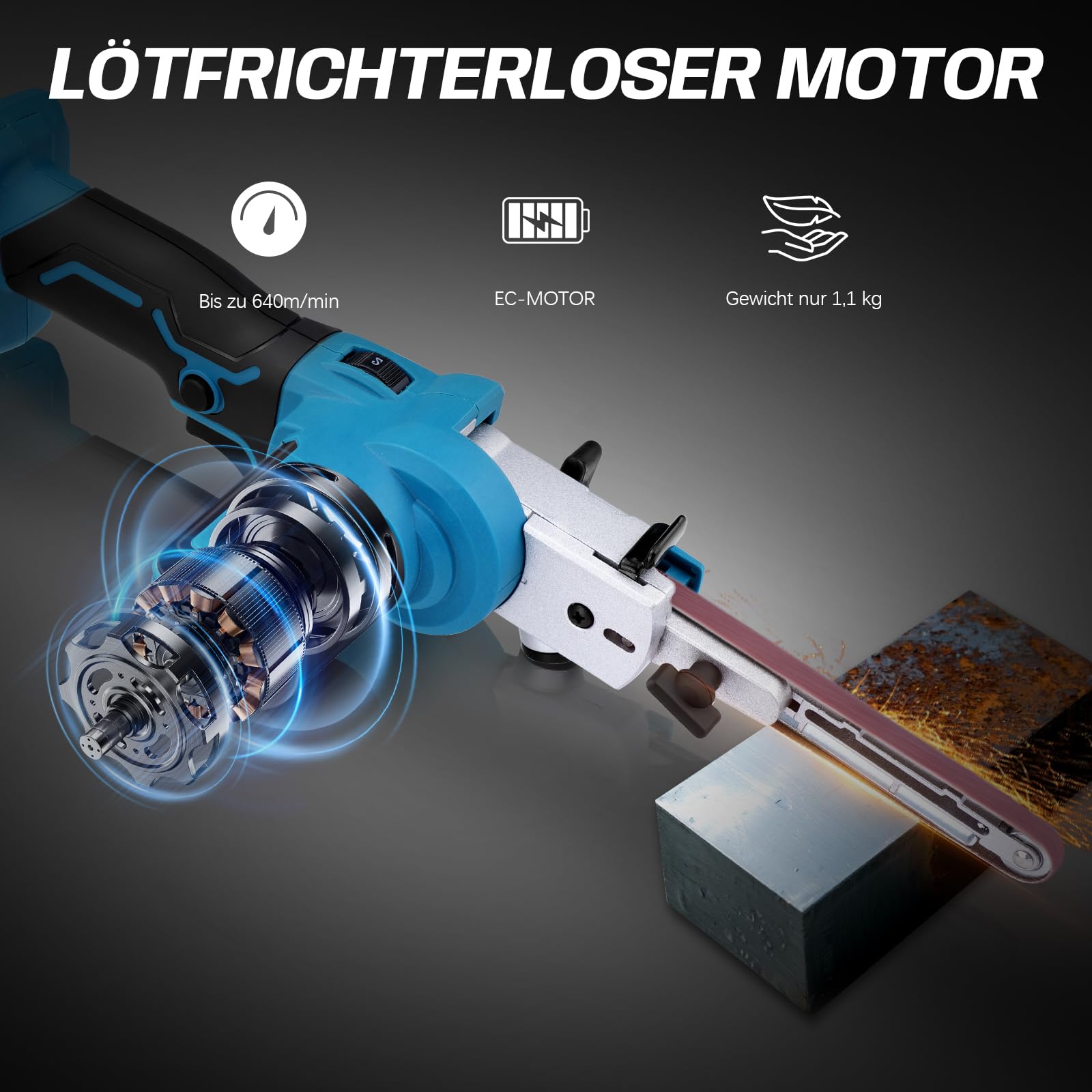 Akku Bandschleifer Kompatibel mit Makita 18V, Bürstenloser Akku-Bandfeile mit Schleifarme 9 mm und 13 mm inkl. 16x Schleifbänder, 6 Geschwindigkeiten, 100° Einstellbare Feilenschleifer (ohne Akku)