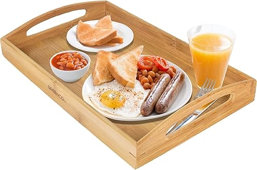 Greenco Bandeja rectangular de bambú para servir mayordomo con asas, bandejas de cama para comer, bandeja de cama, bandeja de desayuno