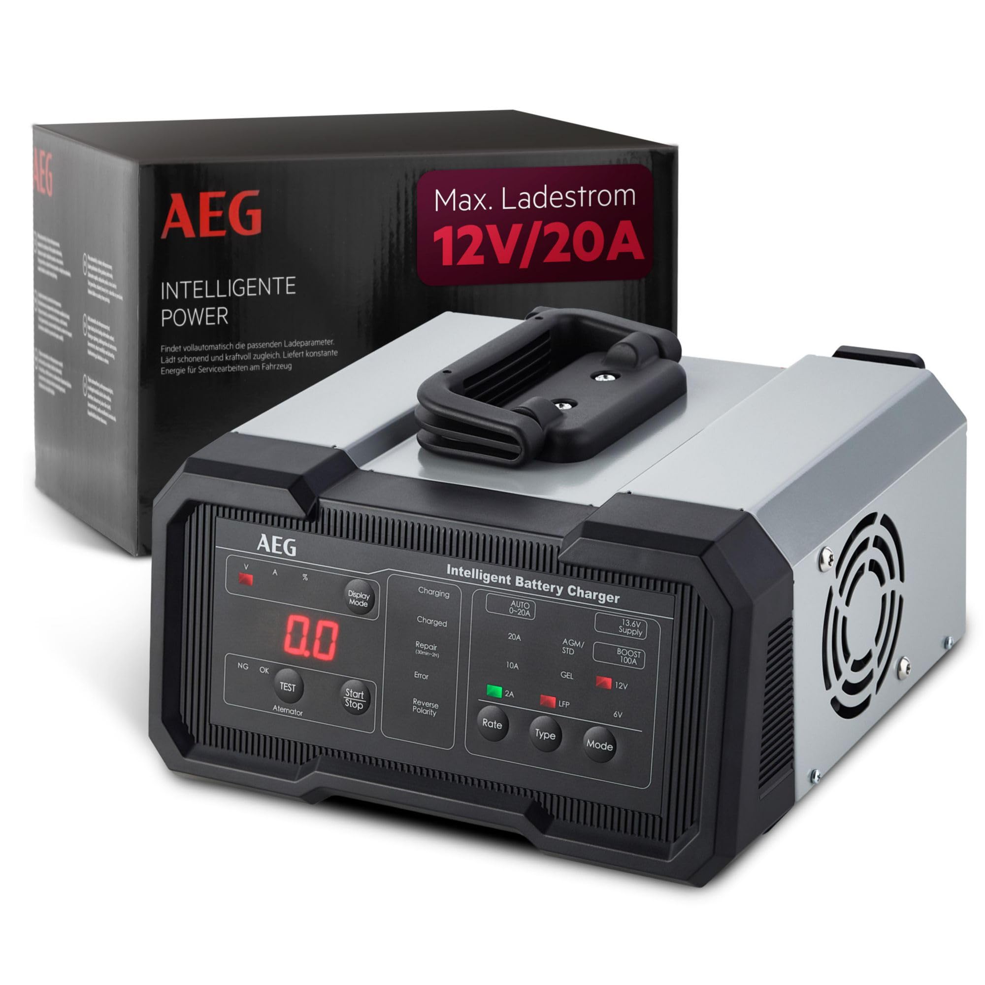 AEG Batterieladegerät CW20, für 6/12 V Batterien, 20A, automatische Ladefunktion, umfangreicher Sicherungsschutz, Erhaltungsfunktion, Ladestatusanzeige in Prozent, LED-Display