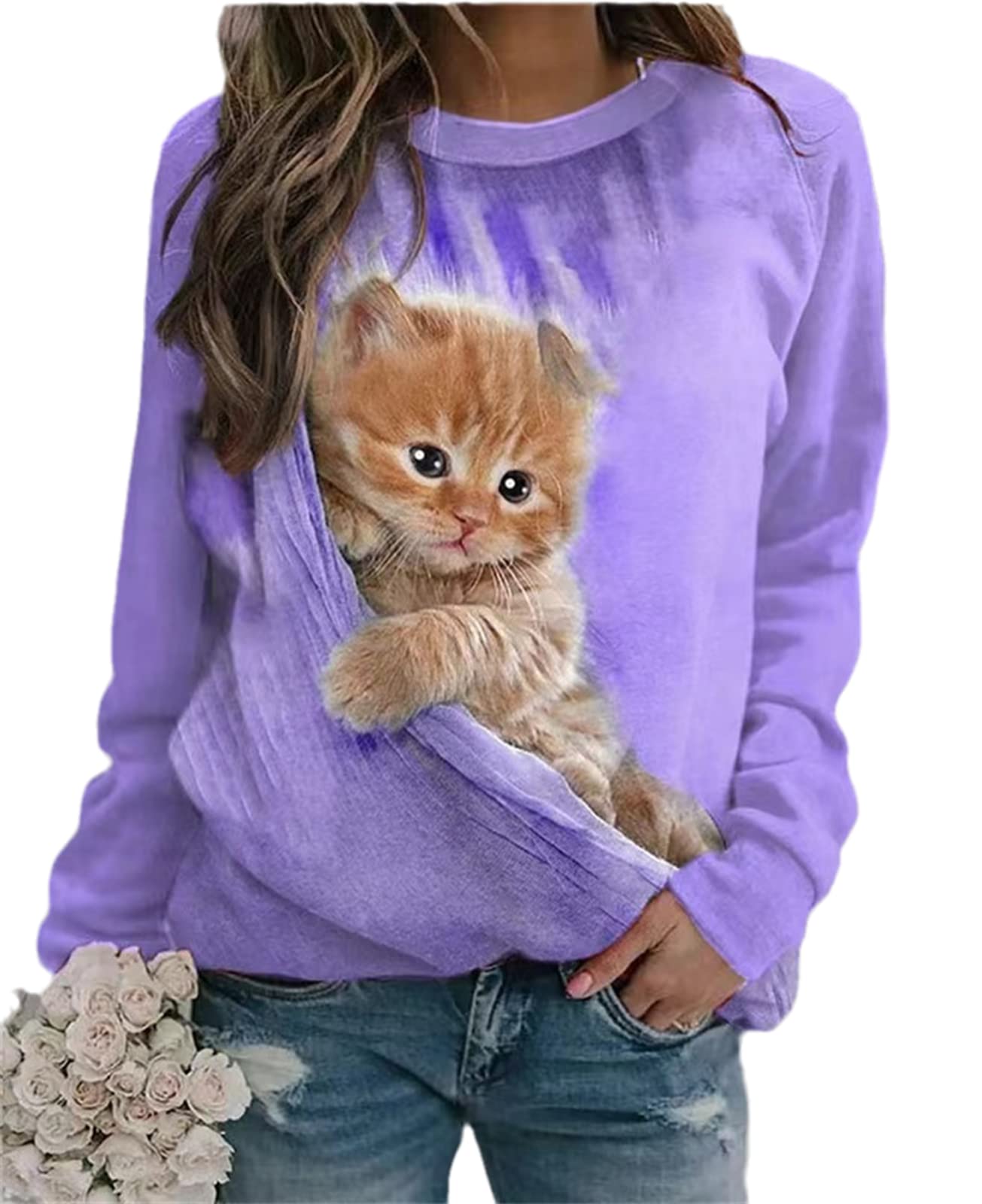Women's Cat Print Sweatshirt Spring Autumn Cute Animal 3D Cat Print Crew Neck Long Sleeve Tshirts Purple L