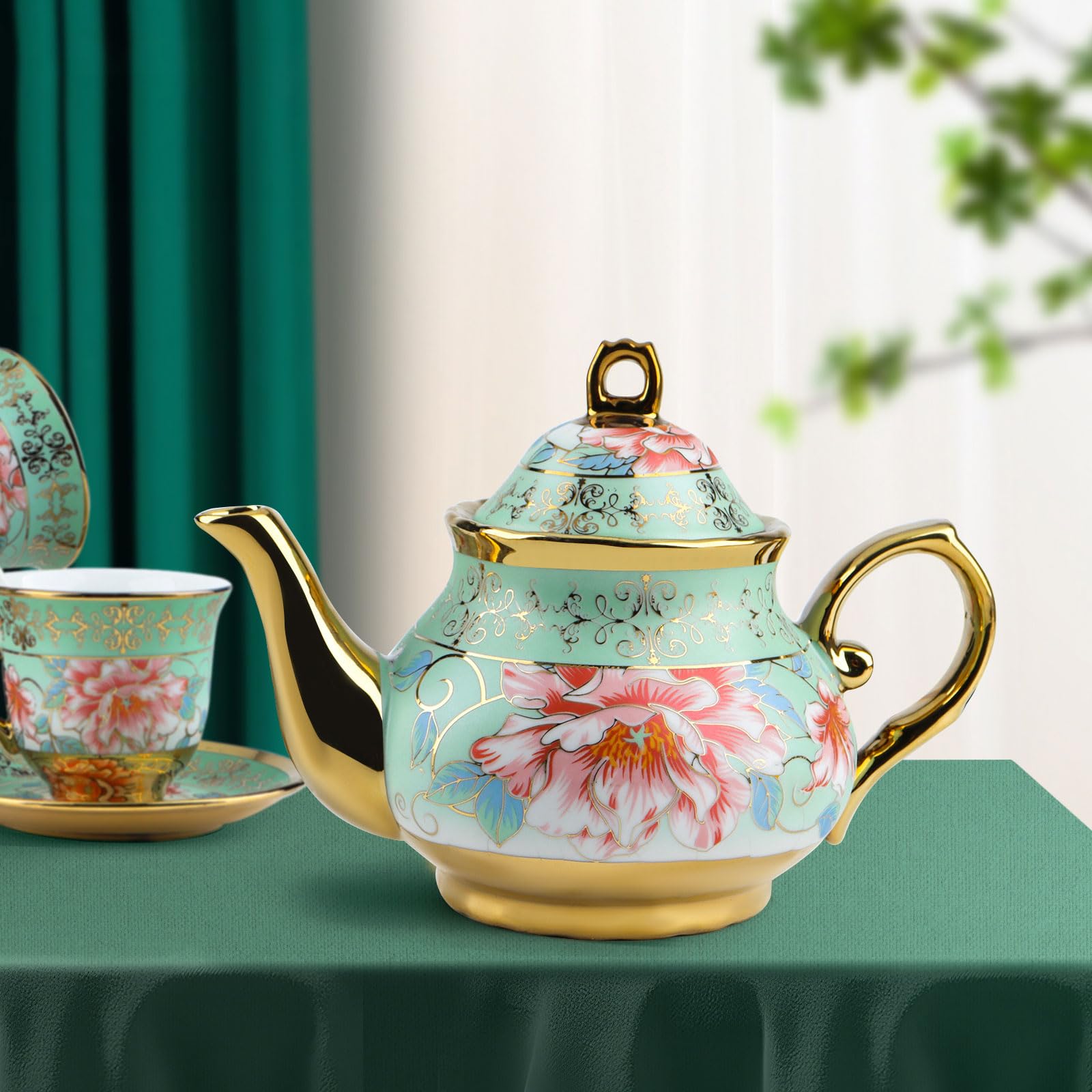 Serwis do herbaty, 20-częściowy, porcelanowy zestaw do herbaty w stylu vintage, z metalowym stojakiem, motyw kwiatowy i złota krawędź, dzbanek do herbaty 700 ml i filiżanki do herbaty 160 ml | Wzornictwo vintage z motywem kwiatowym i metalowym stojakiem.