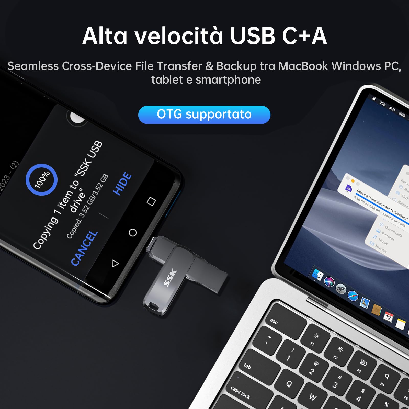 SSK Chiavetta USB 3.2 256GB,fino a 200MB/S velocità di lettura Penna USB,doppia unità Chiavetta usb type c e USB A, robusta Pen Drive in metallo nero per smartphone,tablet,iphone 15,computer,auto e TV