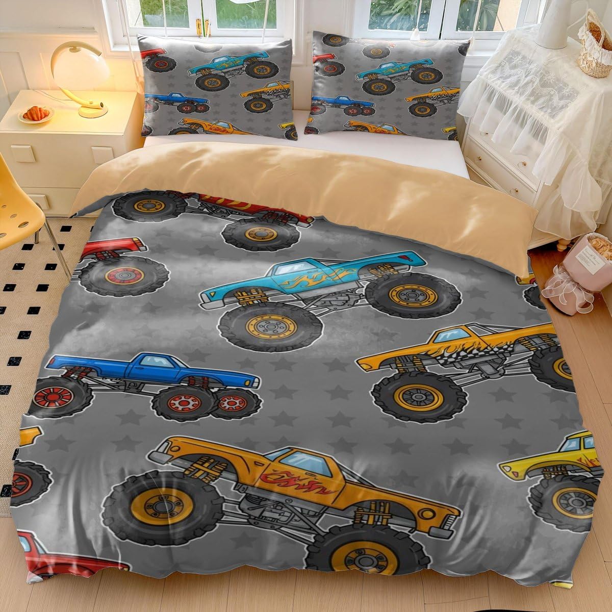 Kinder-Bettwäsche-Set mit Monster-Truck, für Einzelbett, Cartoon-Motiv, für Jungen und Mädchen, weiche Mikrofaser, 3D-Druck, Bettdeckenbezug, Schlafzimmer-Dekor (Stil 3, Einzelbett 135 x 200 cm + 50 x