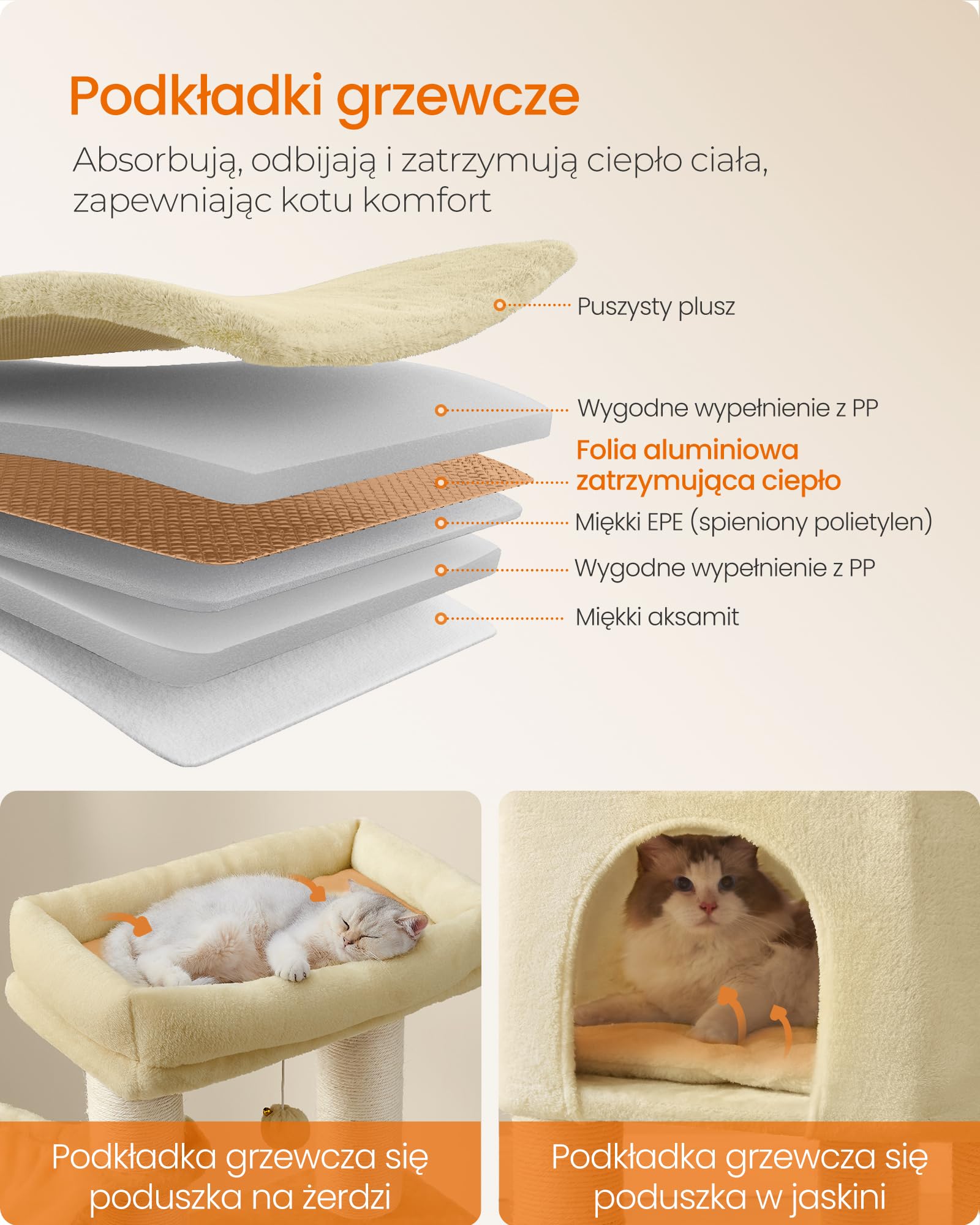 Feandrea Drapak dla kota z ciepłymi kocykami, dla dużych kotów, 2 szczotki kotów, pień o grubości 11,1 cm, duże platformy, jaskinia, 50 x 50 x 160 cm, piaskowo-beżowy PCT003Y01