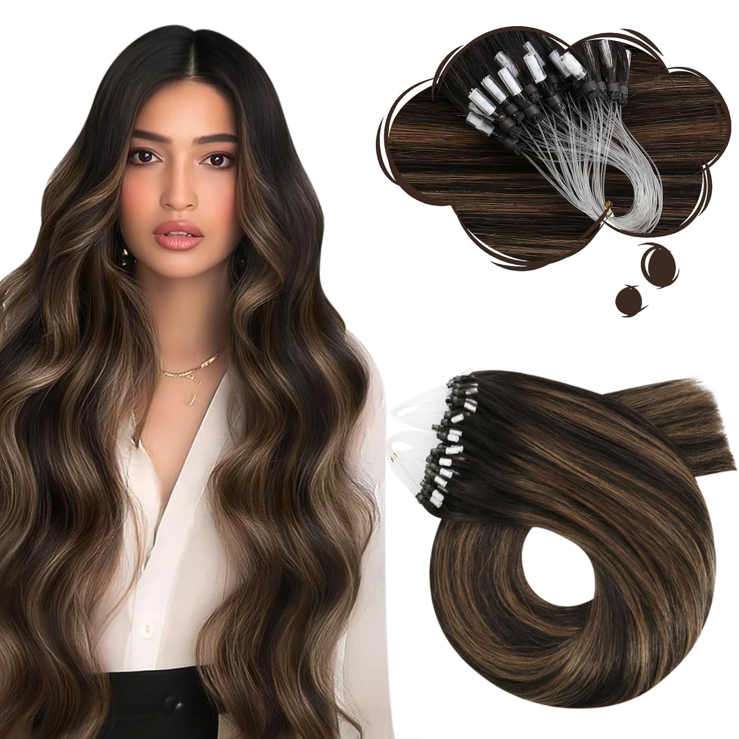 Moresoo Micro Loop Hair Extensions Real Human Hair Dark Brown Ombre to Medium Brown Hair Extensions Human Hair Micro Link Extensions for Women 57g 18 inch Silky Straight