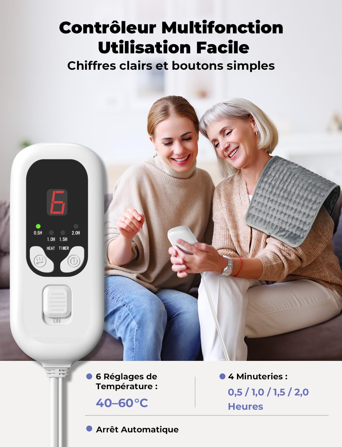 Coussin Chauffant Électrique Dos Épaules Abdomen 6 Niveaux Température 4 Réglages Minuterie Chauffage Rapide Arrêt Automatique Lavable Machine Gris Clair 60 x 30cm