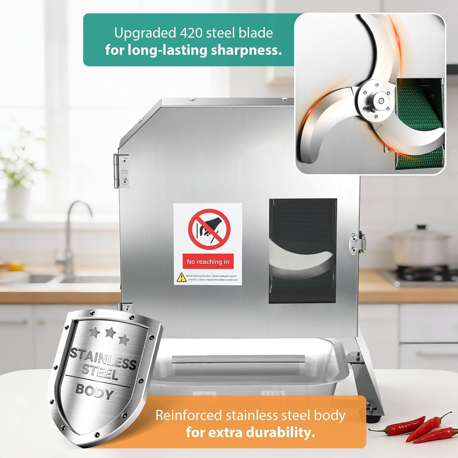Affettatrice Professionale per Verdure da 200 W 220 V, Affettatrice Elettrica per Frutta e Verdura, Robot da Cucina con Nastro Trasportatore, Spessore Regolabile da 1,5 a 35 mm, 180 kg/h
