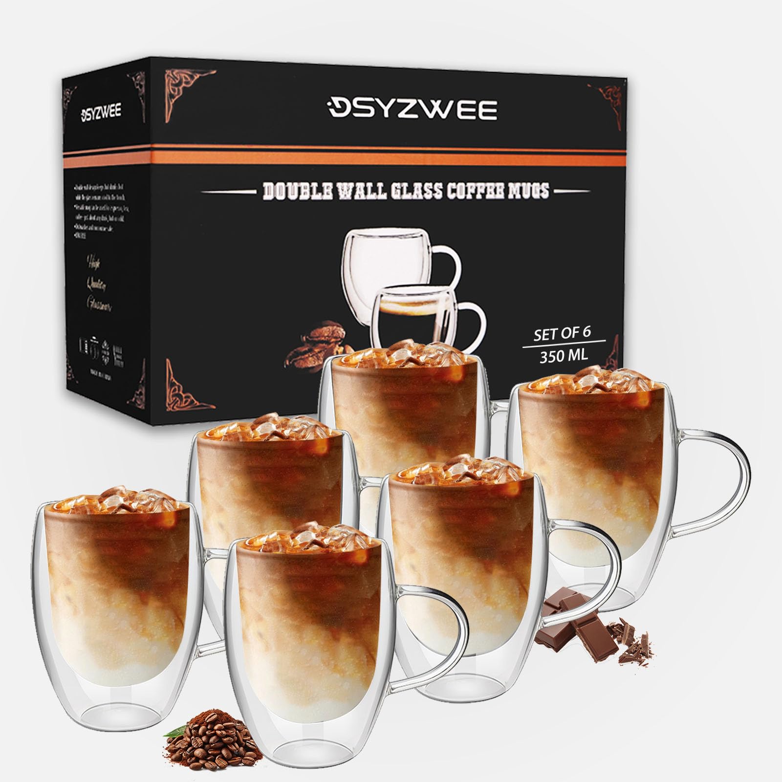 Doppelwandige Glas-Kaffeetassen, 350 ml, isolierte Latte-Gläser, 6 Stück, hohle isolierte Glas-Kaffeetassen mit Griff, für Latte, Cappuccino, hitzebeständig